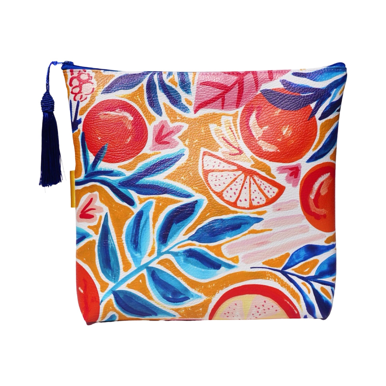 Vegan leather bag with a bright oranges design featuring blue and pink leaves, and the bag is finished with a fabulous matching tassel on the end of the zip. 