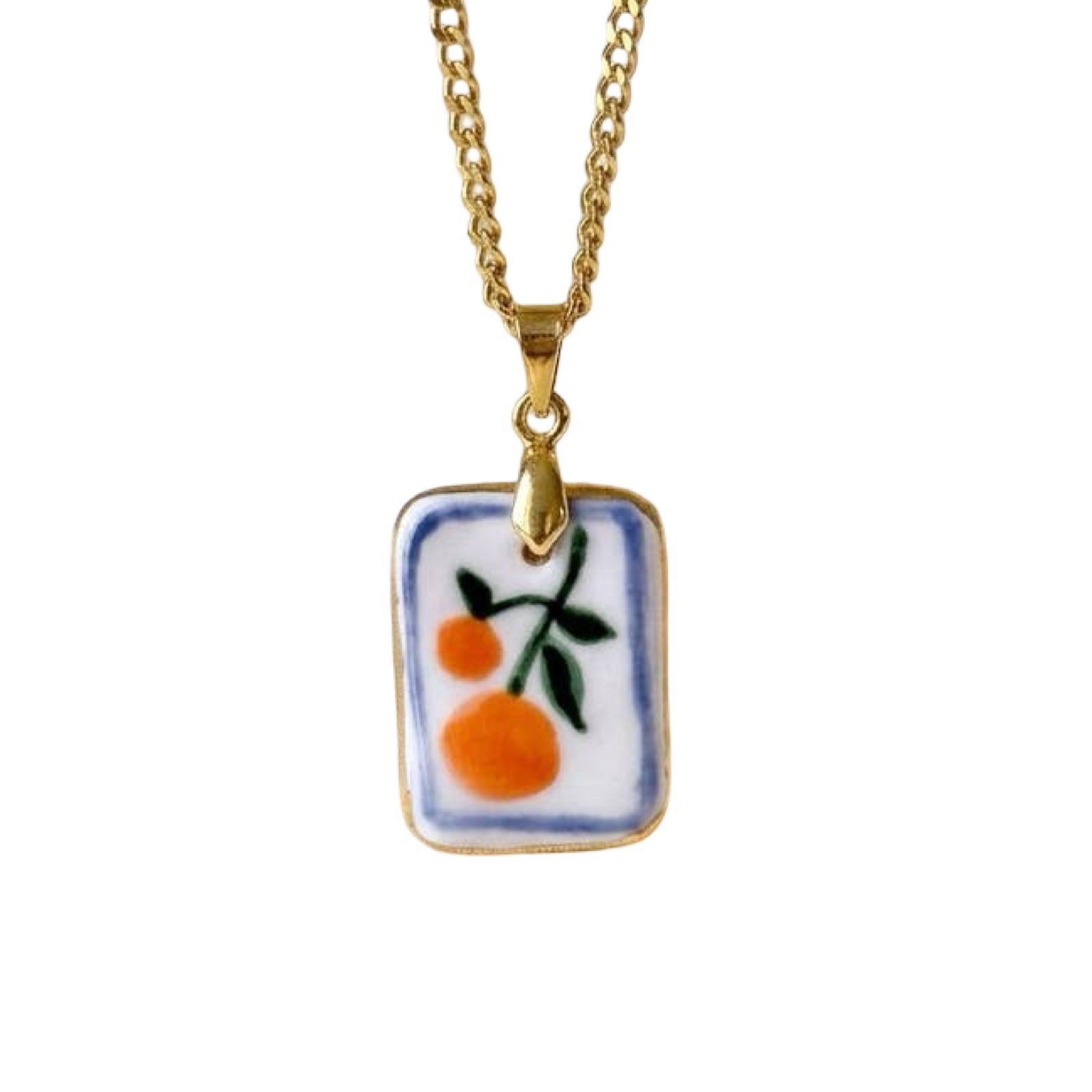Necklace with a rectangular pendant featuring an orange design on a white background.