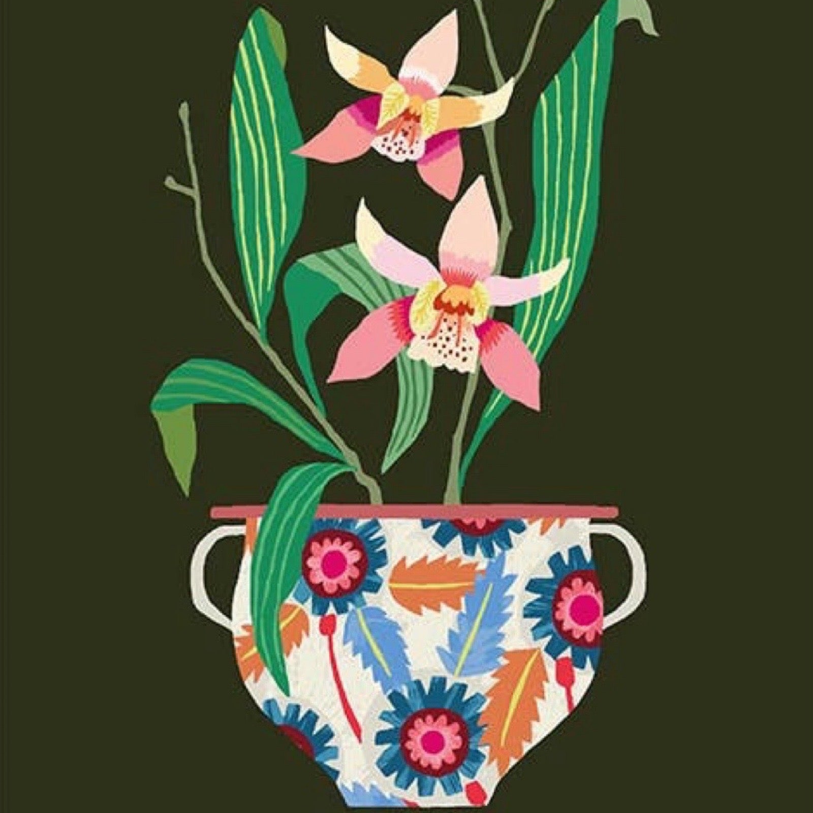 Decorative illustration of a pot with floral design and orchids on a dark green background.
