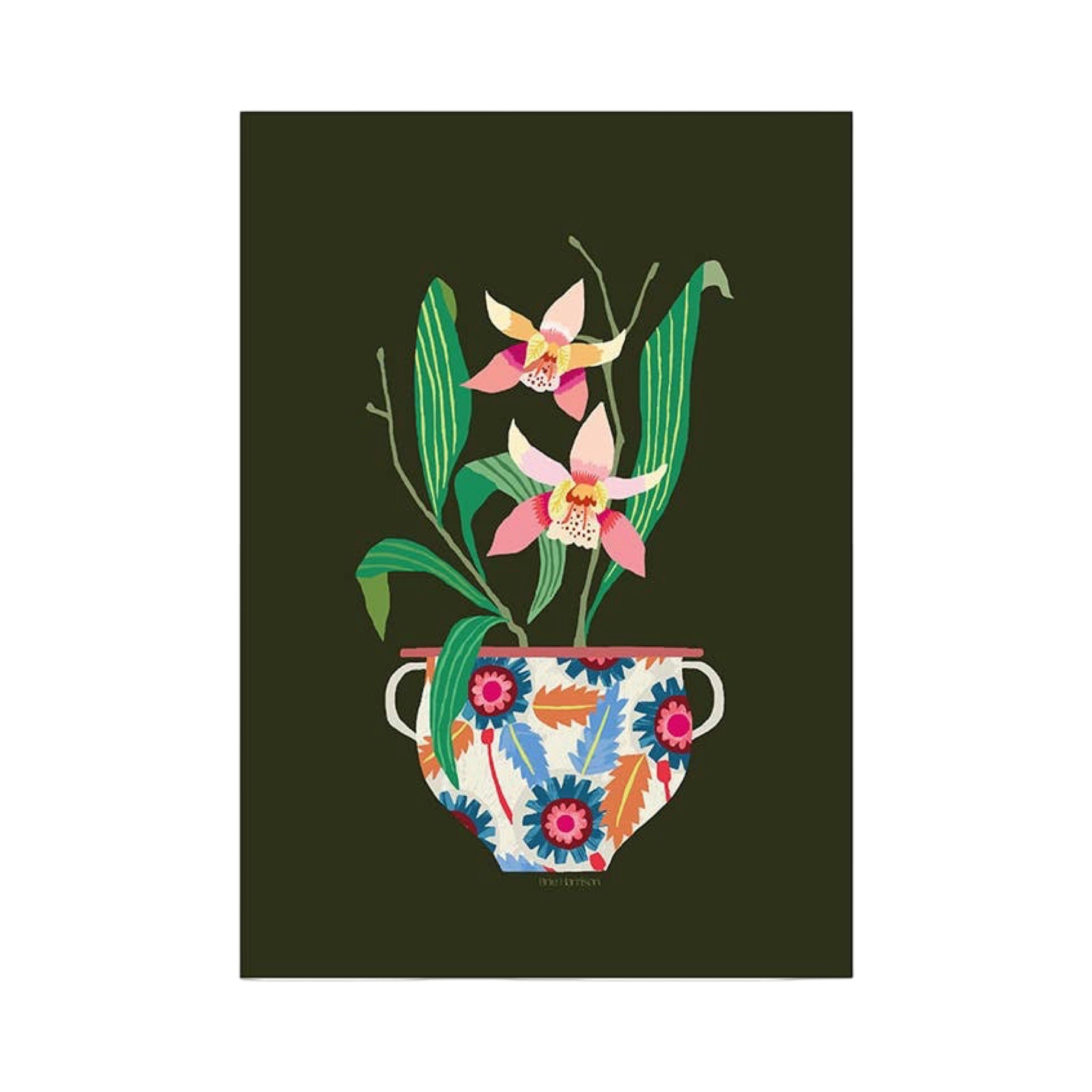 Decorative illustration of a pot with floral design and orchids on a dark green background.