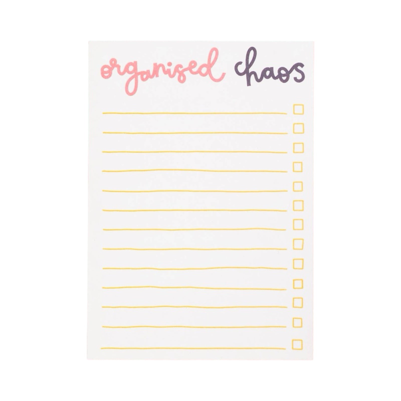 A6 notepad with a yellow tick box list.