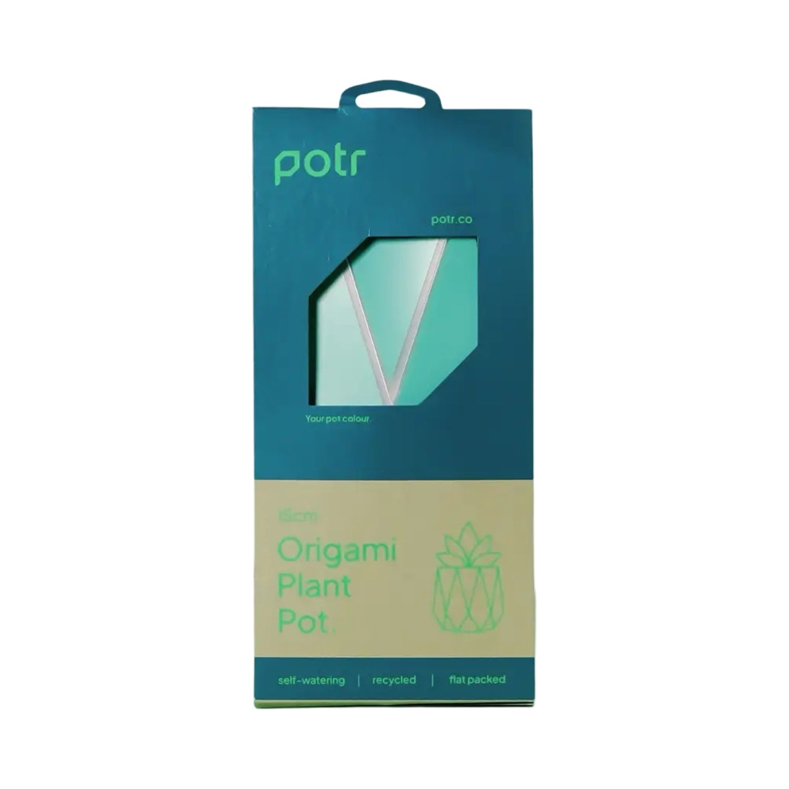 A teal and beige cardboard packet for a origami plant pot.