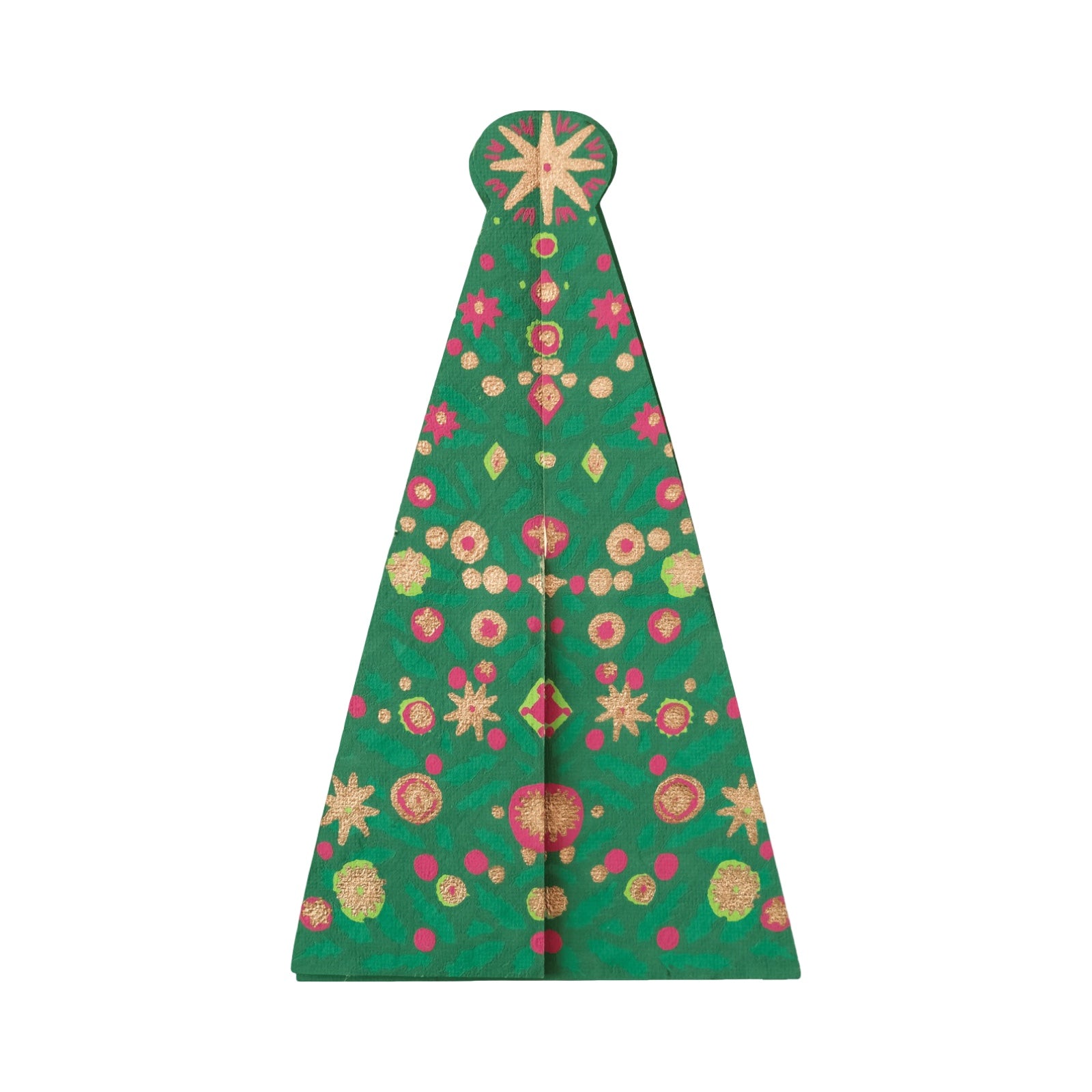 Hand-printed green Christmas tree-shaped pop-up card with gold and red baubles, made from thick recycled paper and packaged in a biodegradable cello sleeve. 