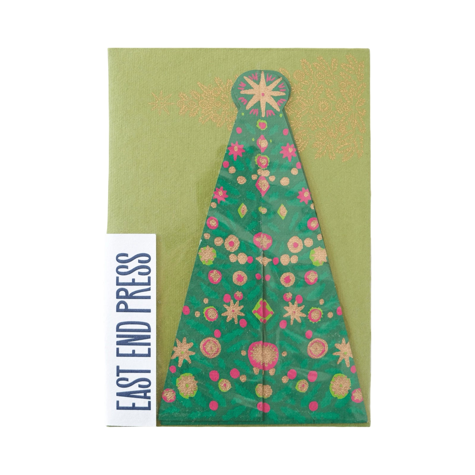 Hand-printed green Christmas tree-shaped pop-up card with gold and red baubles, made from thick recycled paper and packaged in a biodegradable cello sleeve. 