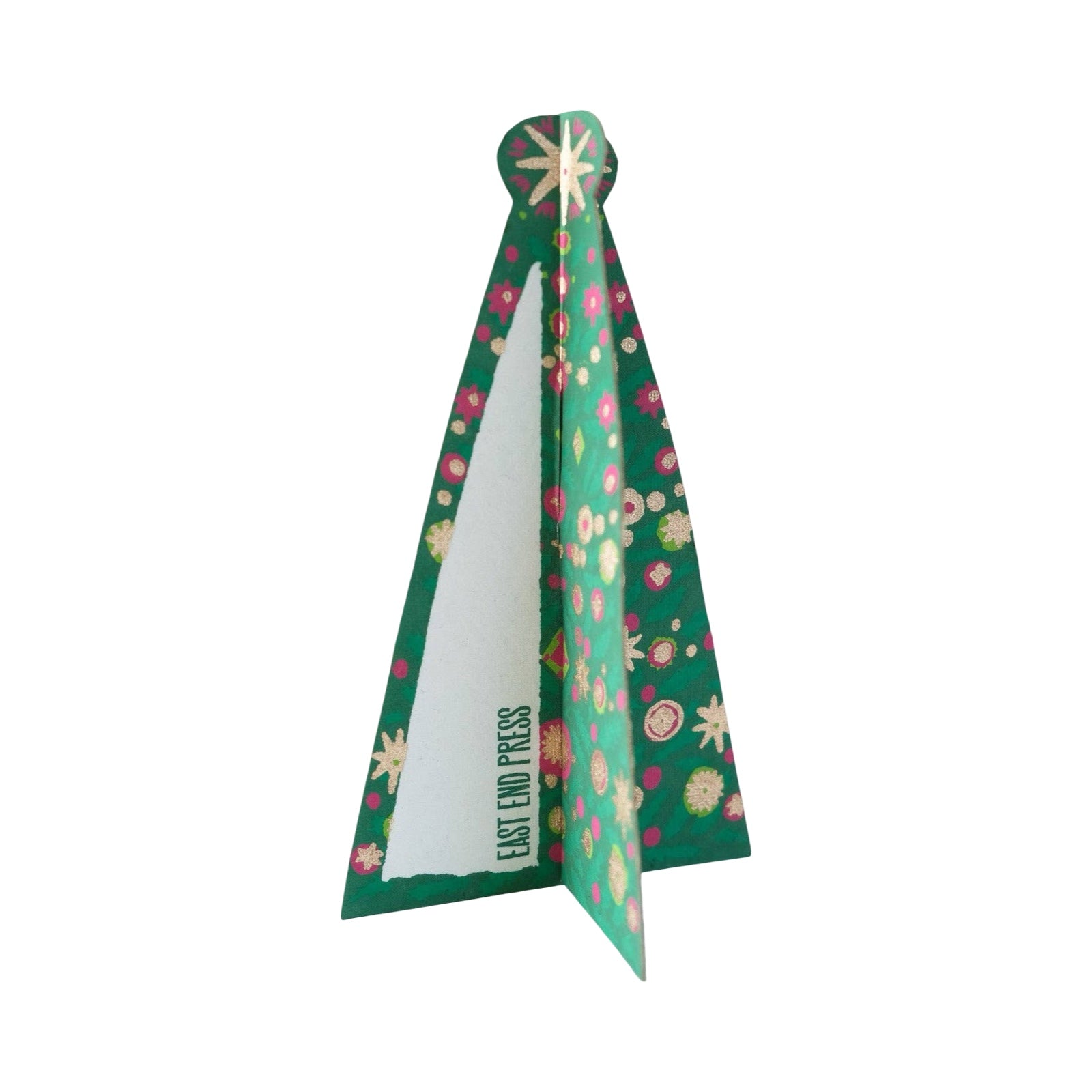Hand-printed green Christmas tree-shaped pop-up card with gold and red baubles, made from thick recycled paper and packaged in a biodegradable cello sleeve. 