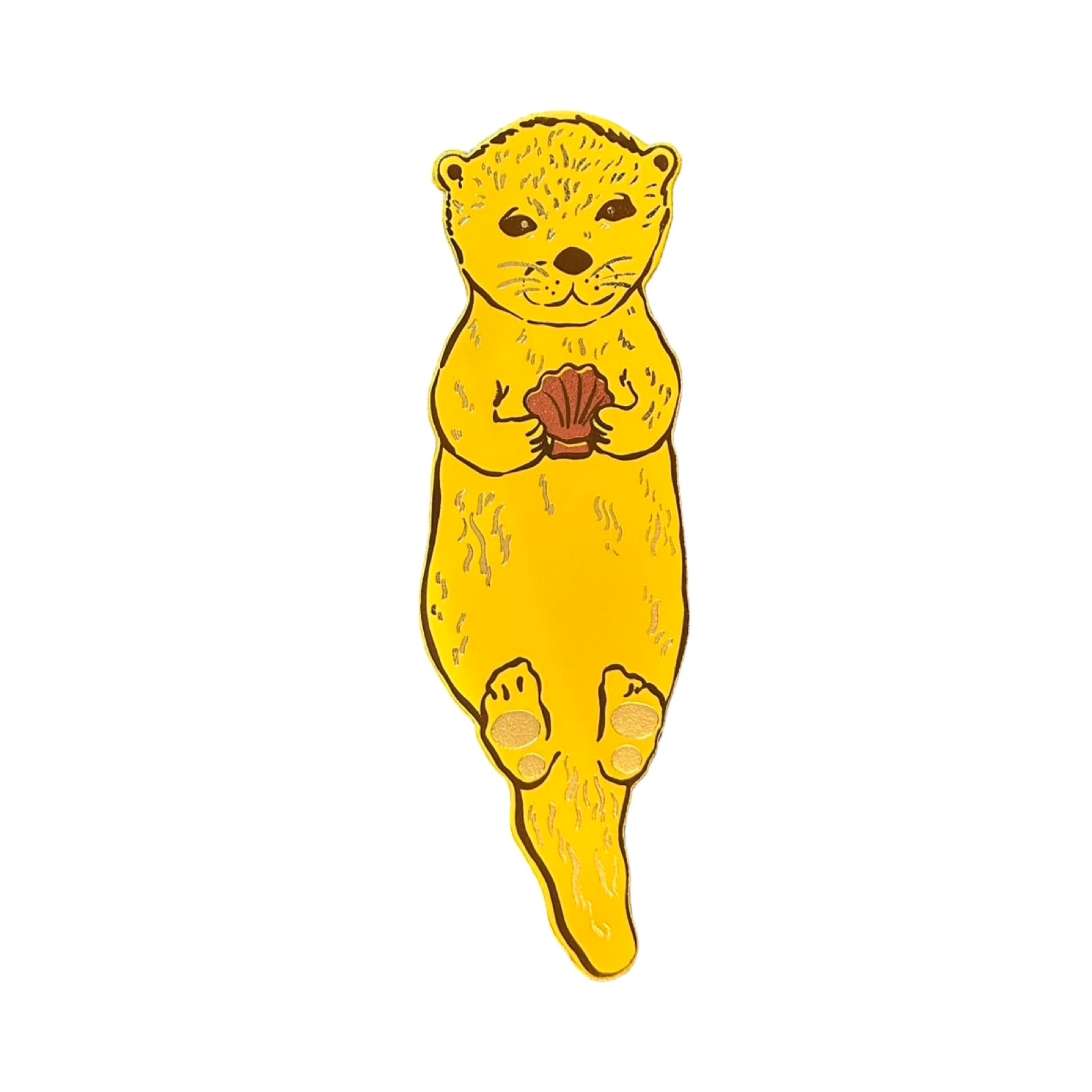 Yellow otter holding a shell on a white background.