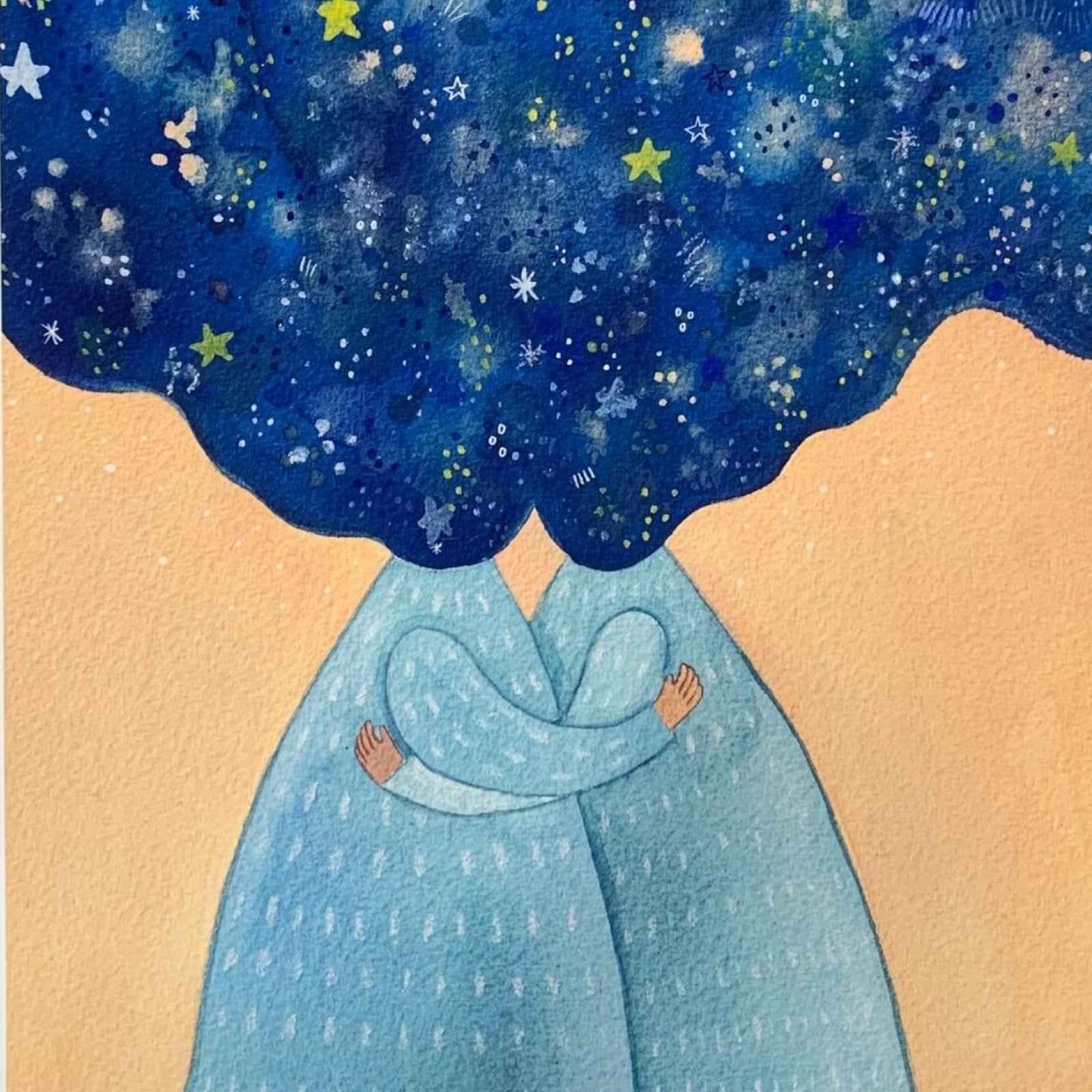 Folk print of two people dressed in blue hugging with a galaxy cloud for a head.