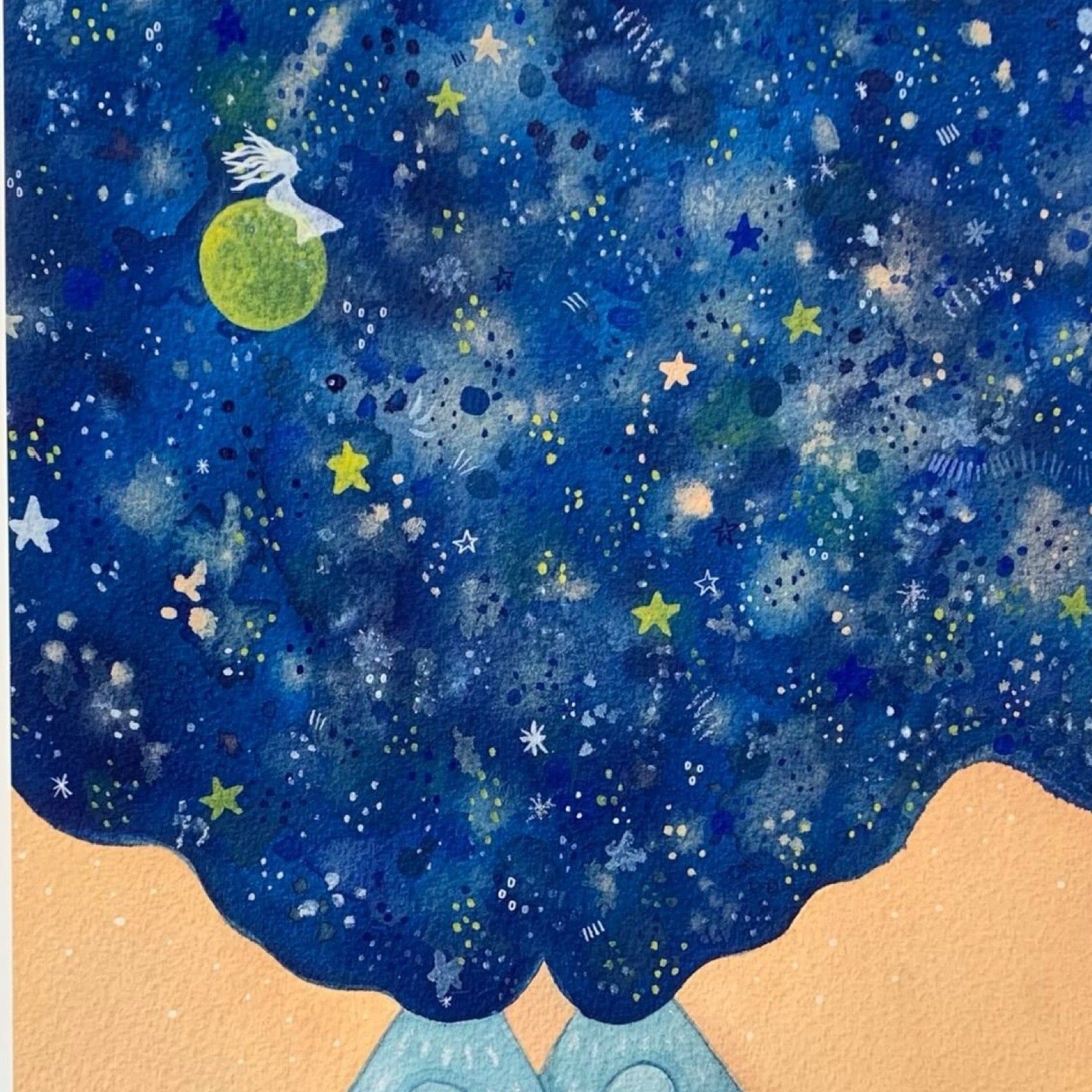Folk print of two people dressed in blue hugging with a galaxy cloud for a head.