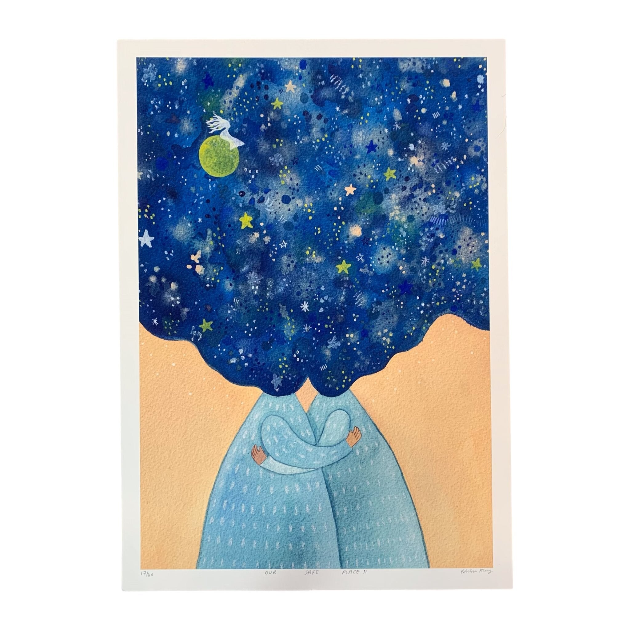 Folk print of two people dressed in blue hugging with a galaxy cloud for a head.