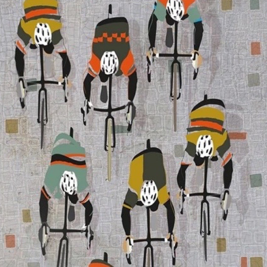 Cyclists on bicycles with a geometric background.