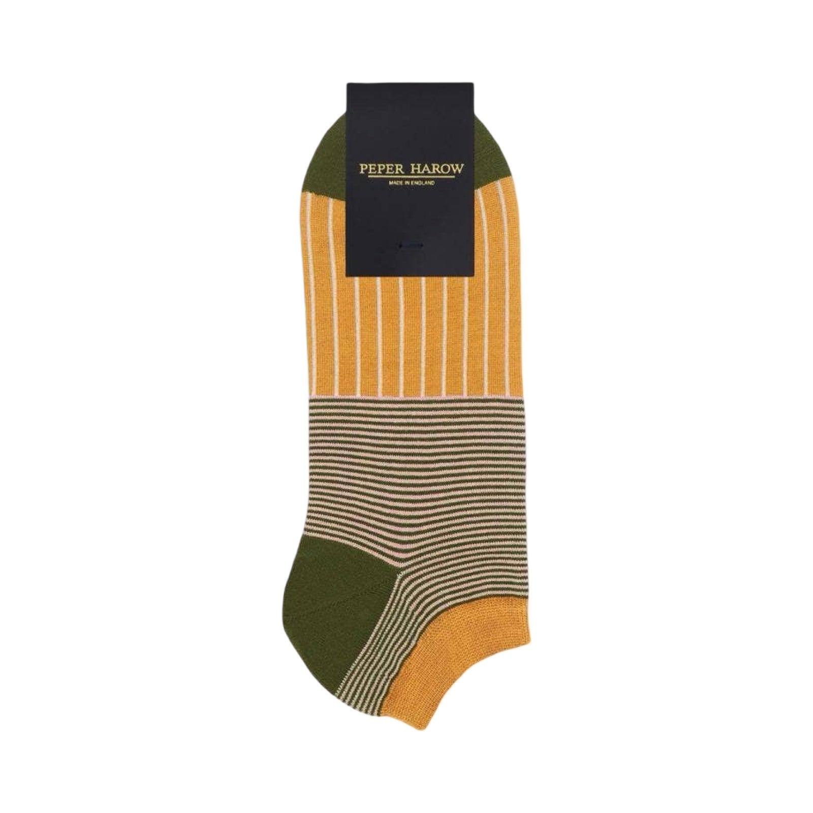 Packaged sock with green and orange pattern on a white background.