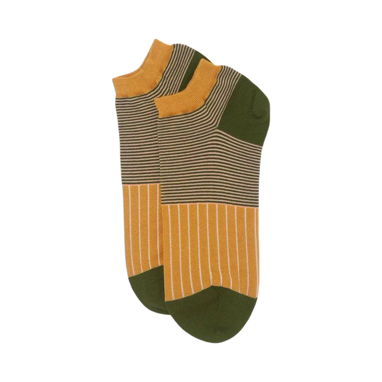 Sock with striped pattern in green, brown, and mustard yellow on a white background.