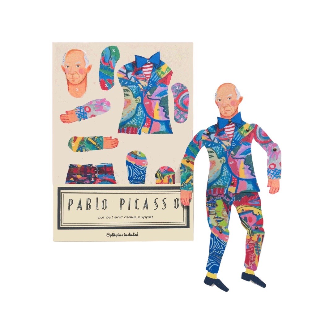 A cut-out and make paper puppet of the famous artist Pablo Picasso in a fabulous colourful suit, with packaging.