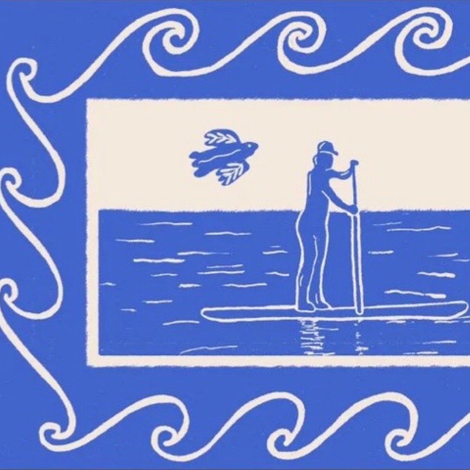 This blue and white rectangular print features two people out paddleboarding, surrounded by a blue border with a white wave design.