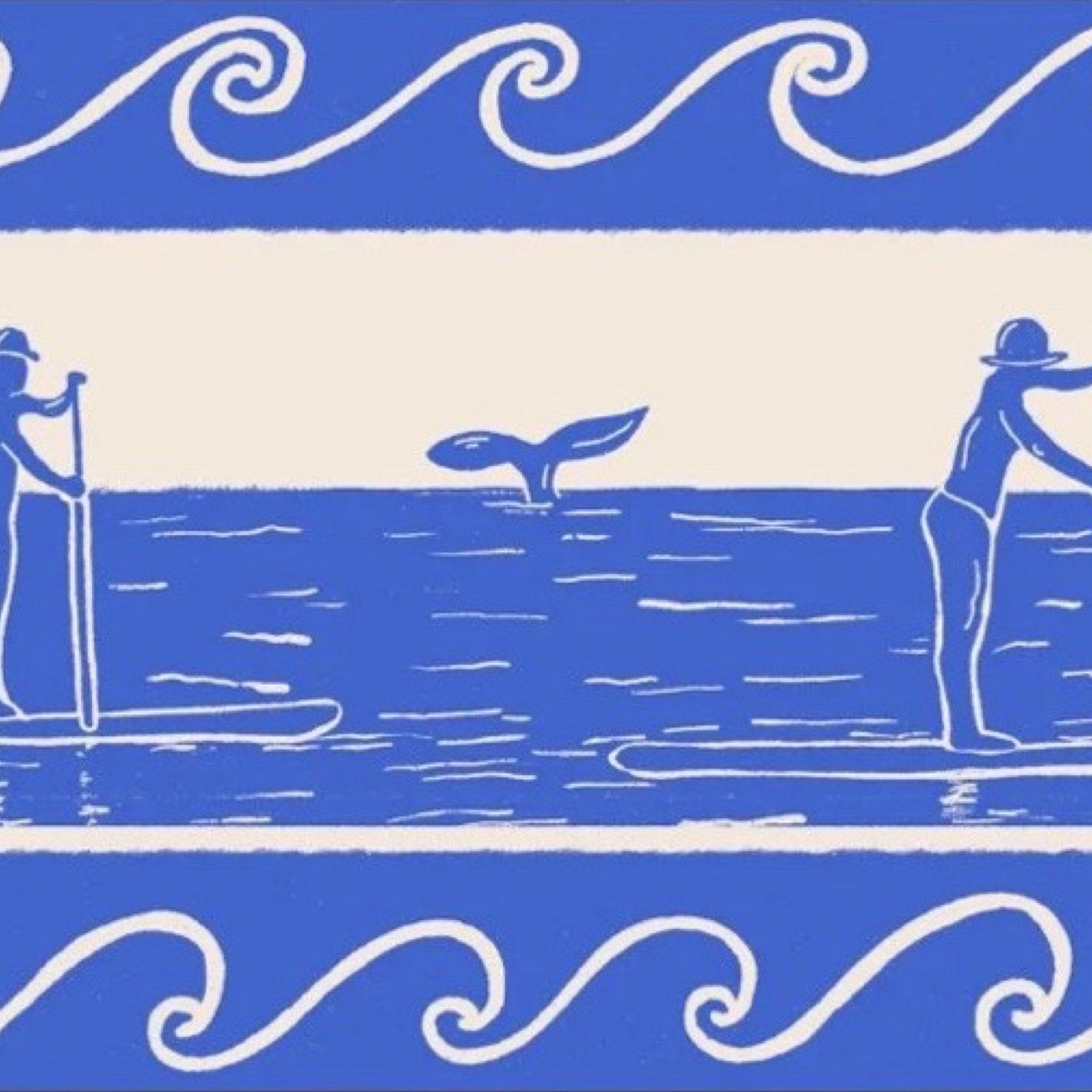 This blue and white rectangular print features two people out paddleboarding, surrounded by a blue border with a white wave design.