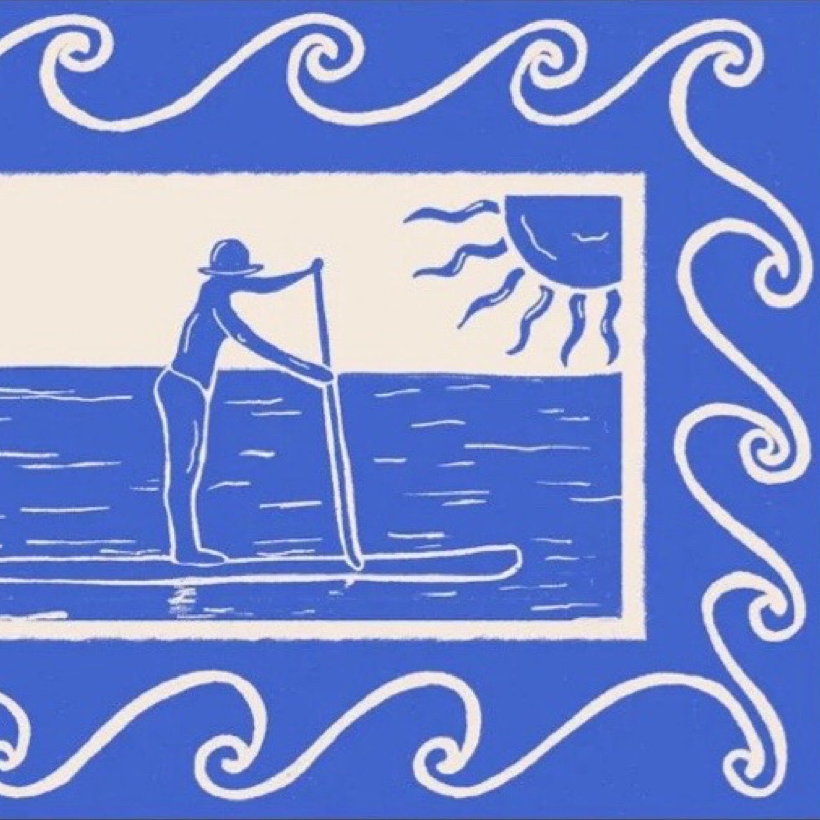 This blue and white rectangular print features two people out paddleboarding, surrounded by a blue border with a white wave design.