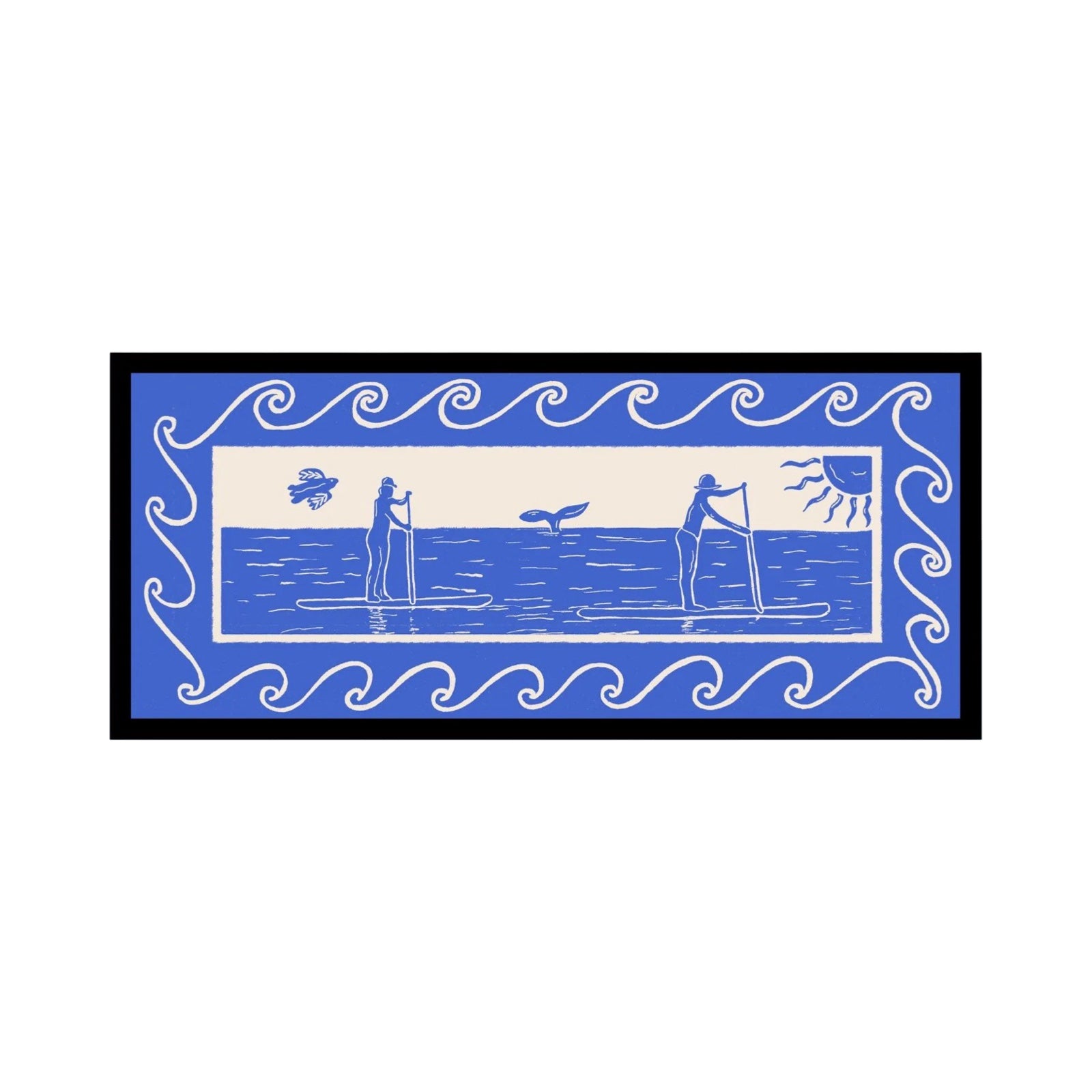 This blue and white rectangular print features two people out paddleboarding, surrounded by a blue border with a white wave design.