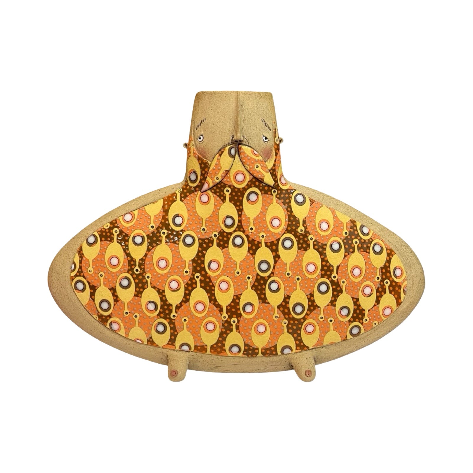 This moustache-faced oval vase with moobs is handmade, orange paddle vase.
