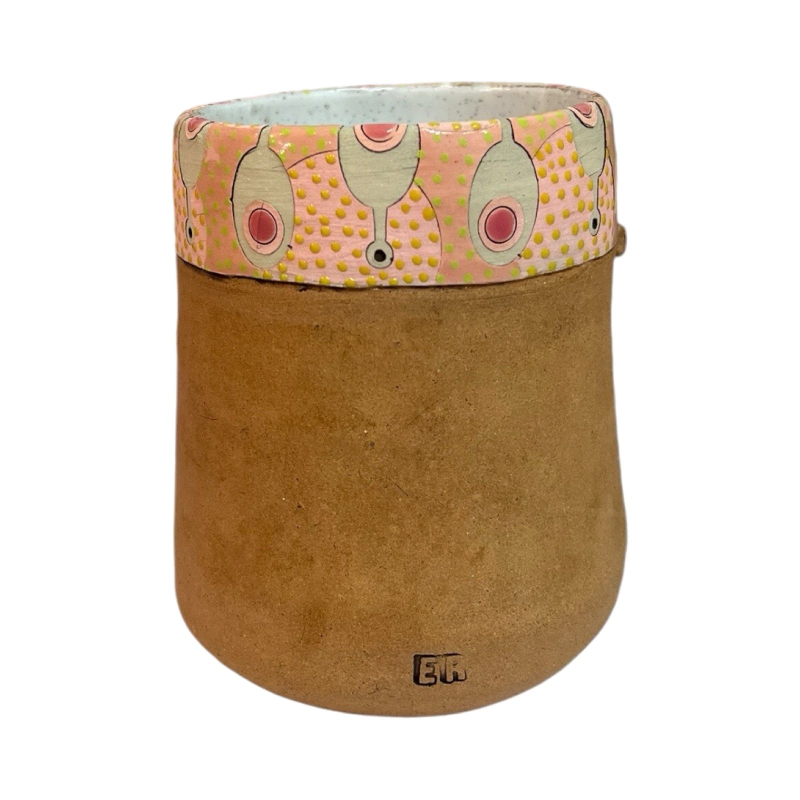 The back of a ceramic beaker with a male moustached face and a cream and red paddle pattern on a pink background.