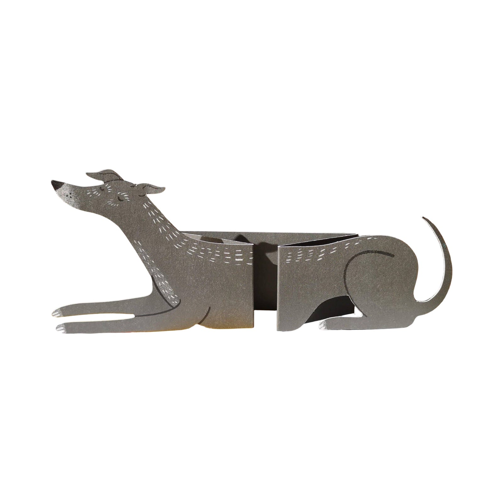 This dog-shaped card opens out to reveal a ridiculously long dog! 'Paddy' is a dark grey dog. 