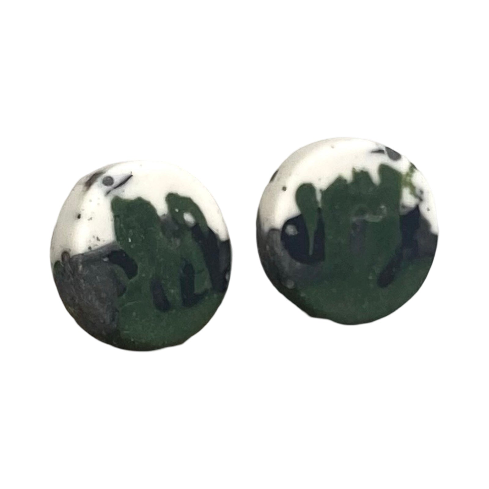 Round stud earrings in a green, grey, black and white paint design with silver posts.