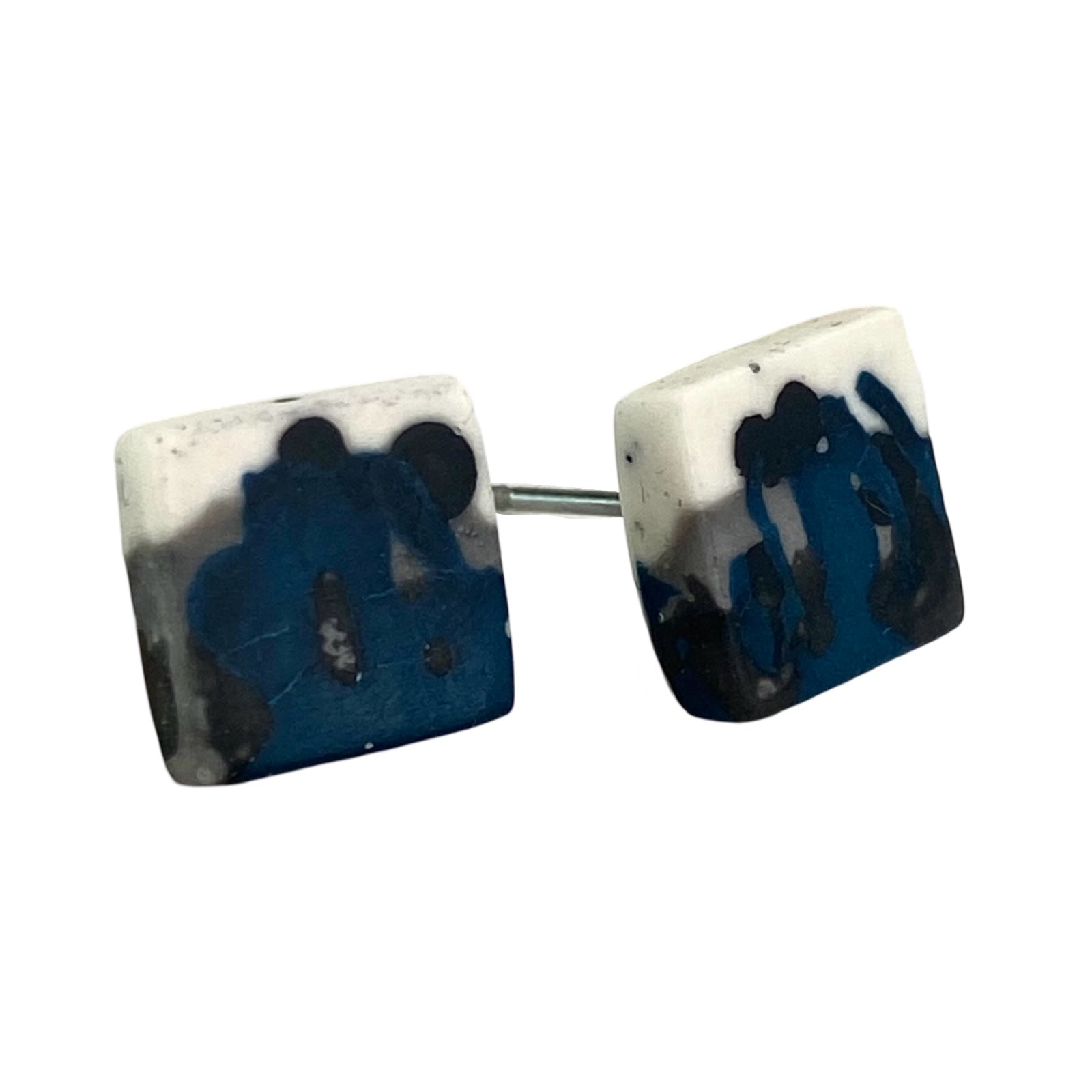 Square stud earrings in a blue, grey, black ad white paint design with silver ear posts.