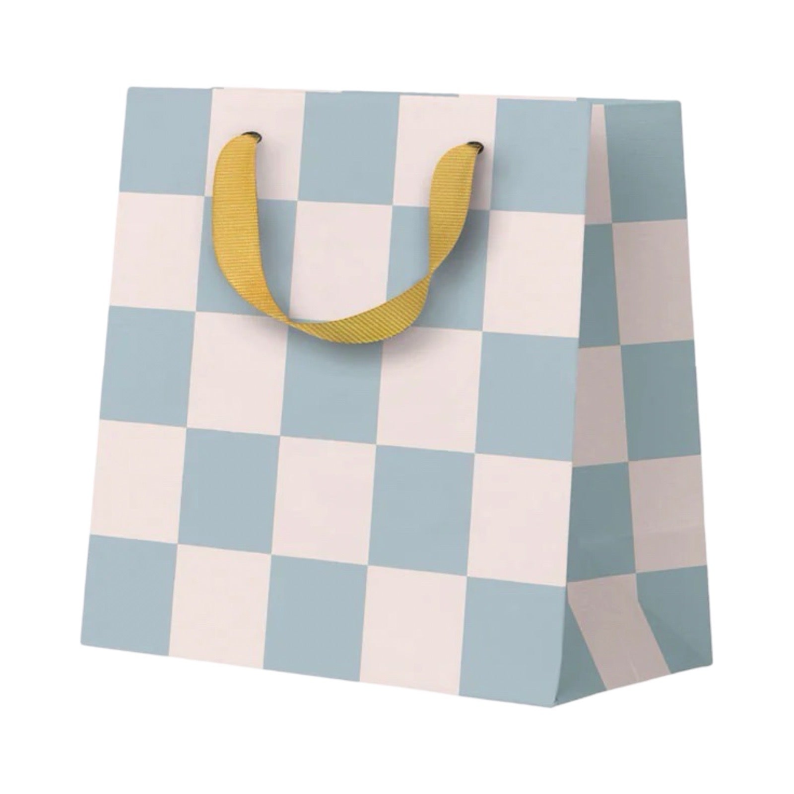 A paper gift bag with a pastel blue and white checkerboard pattern and yellow ribbon handles, shown on a plain white background.