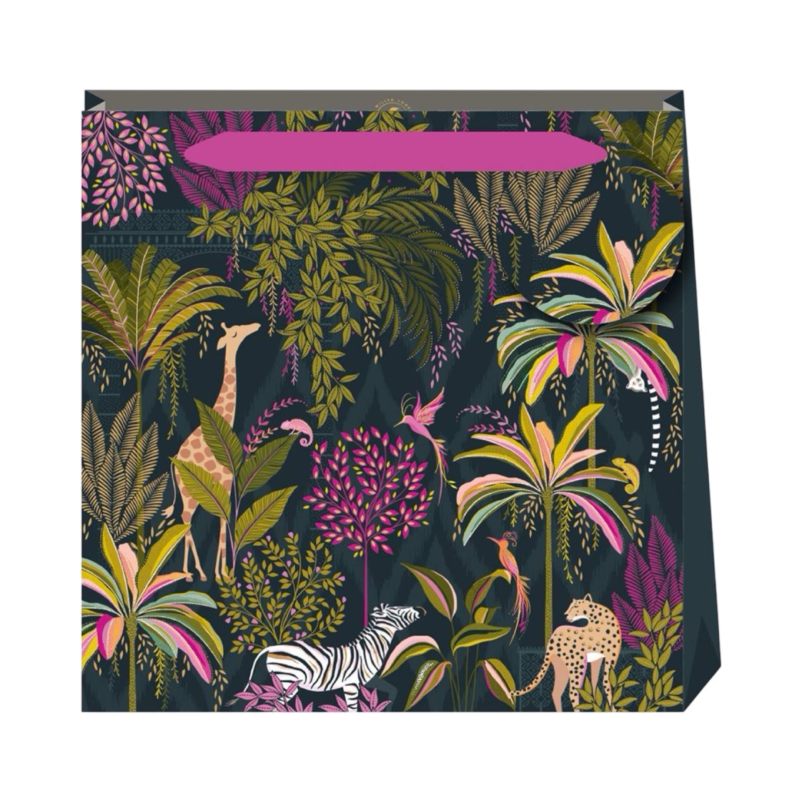 Gift bag featuring jungle animals and green and pink foliage against a deep grey background with a pink ribbon handle and a matching gift tag