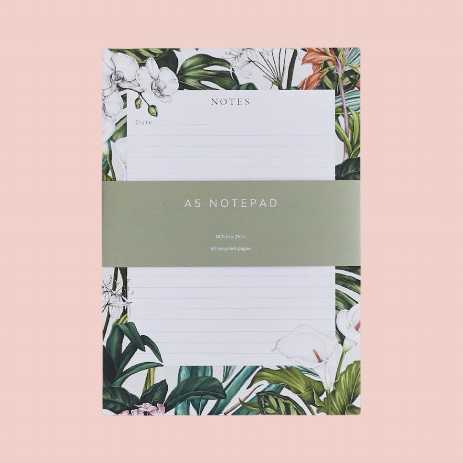 A5 notepad with floral design on a pink background.
