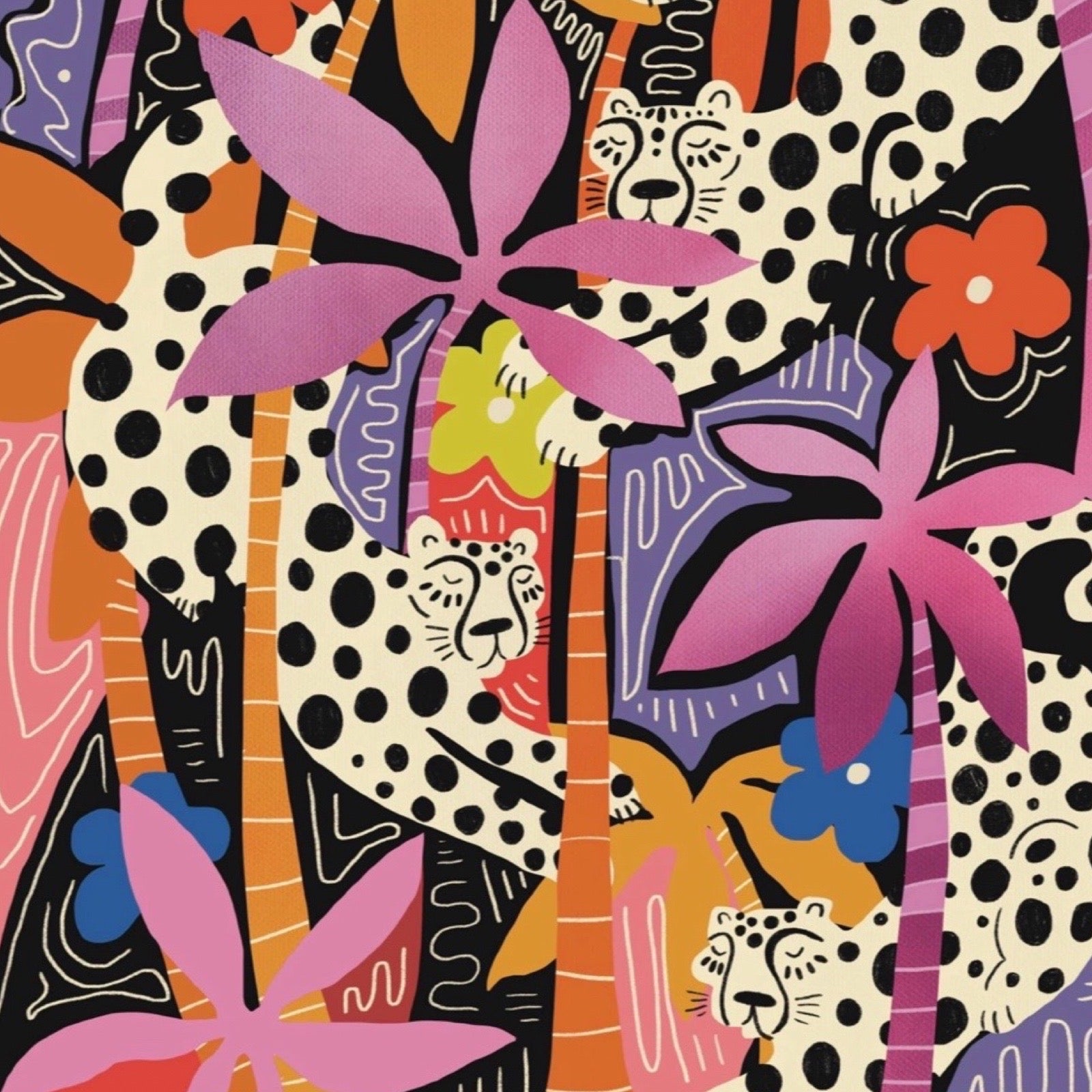Colourful pattern with palm trees, flowers, and leopards on a multicoloured background.