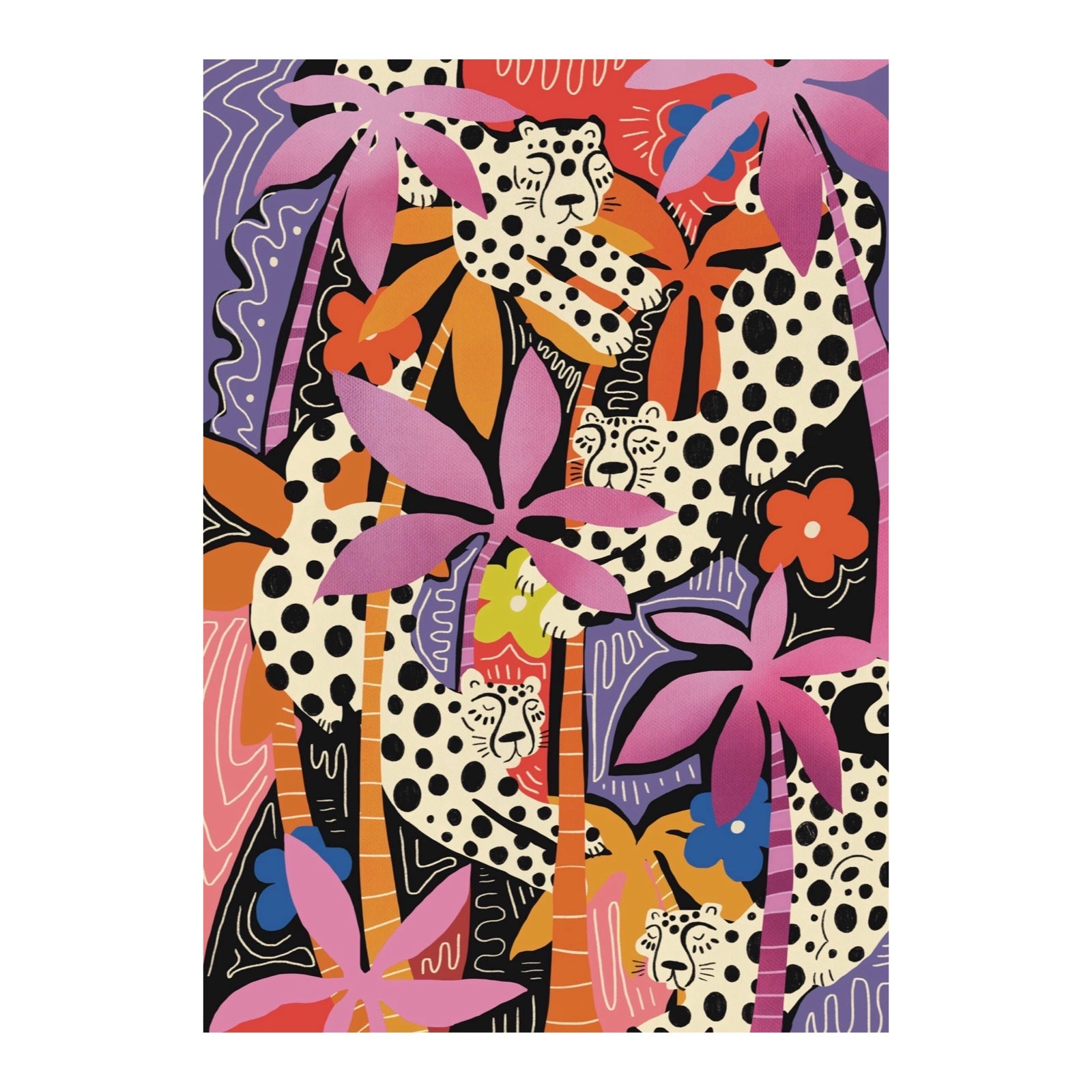 This art print features four white leopards with black spots surrounded by pink and orange jungle leaves and plants against a black background