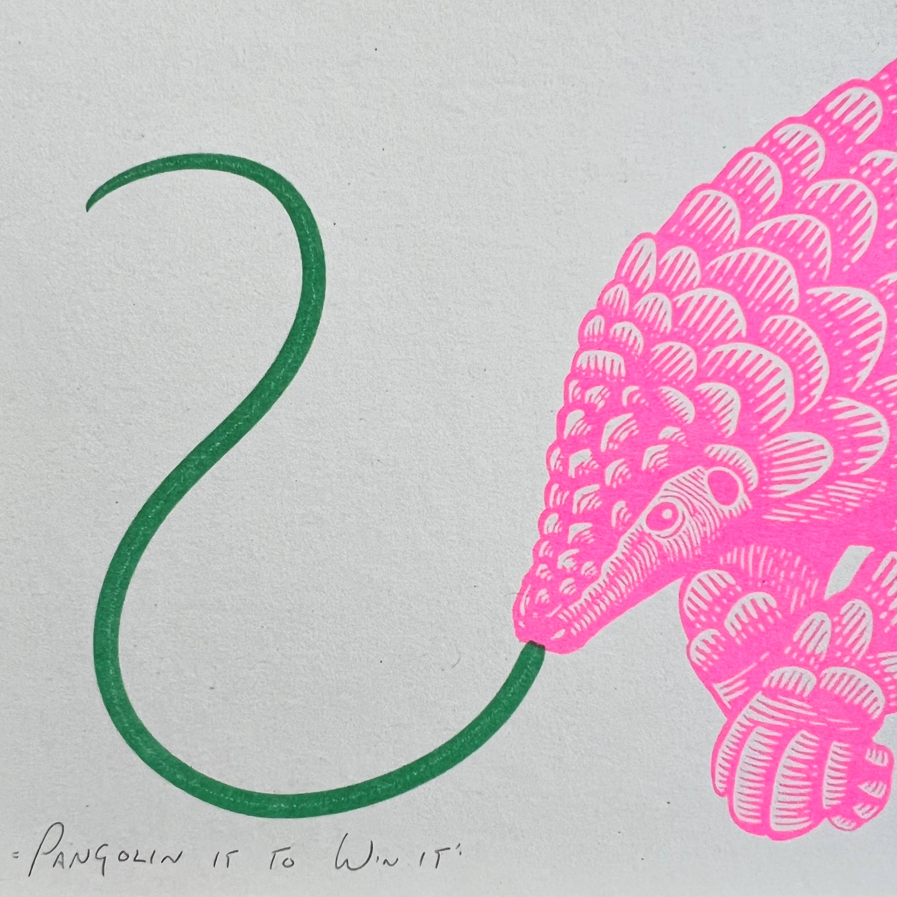 This risograph print features a bright pink pangolin with a long green tongue. 