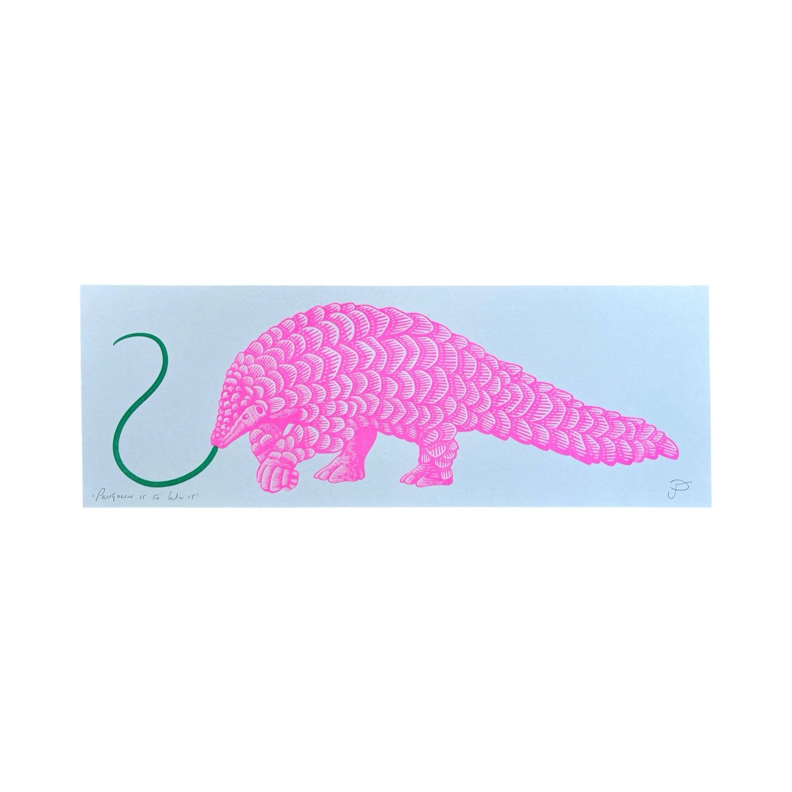 This risograph print features a bright pink pangolin with a long green tongue. 
