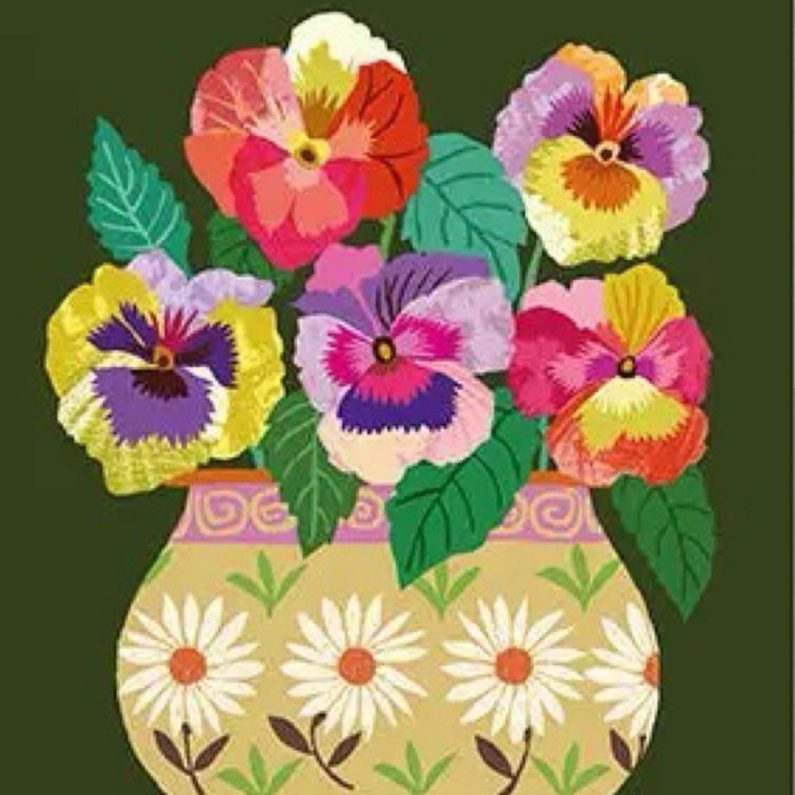 Card featuring a bunch of colourful pansies in a brown and pink floral vase, all on a dark green background.