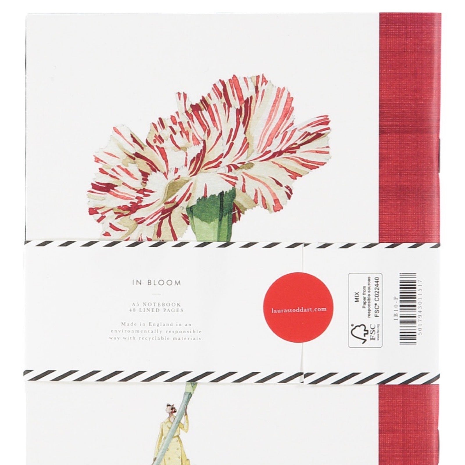 Notebook with a floral design and brand logo on a white background.