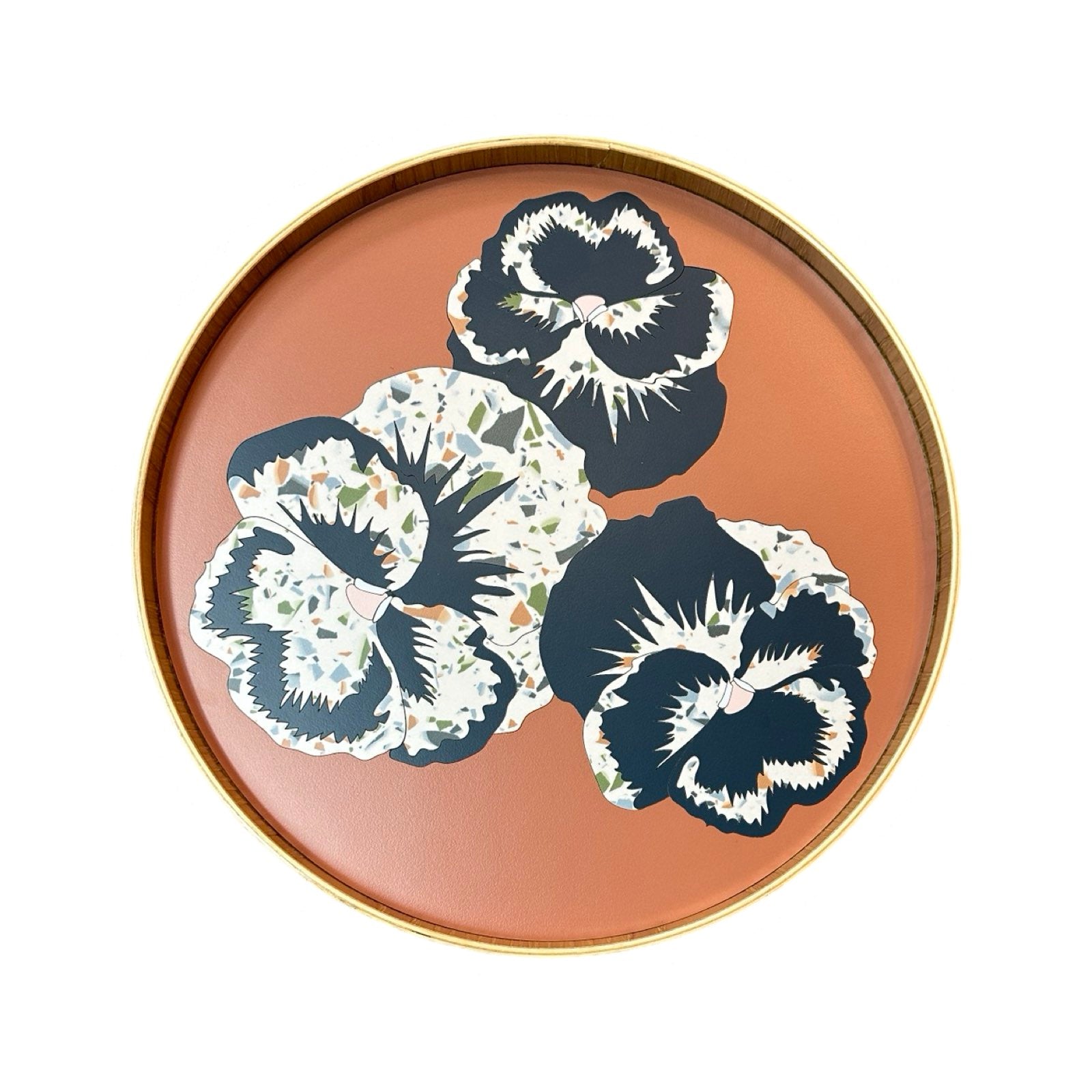 Handmade serving trays are made from bamboo with a colourful pansy flower design.
