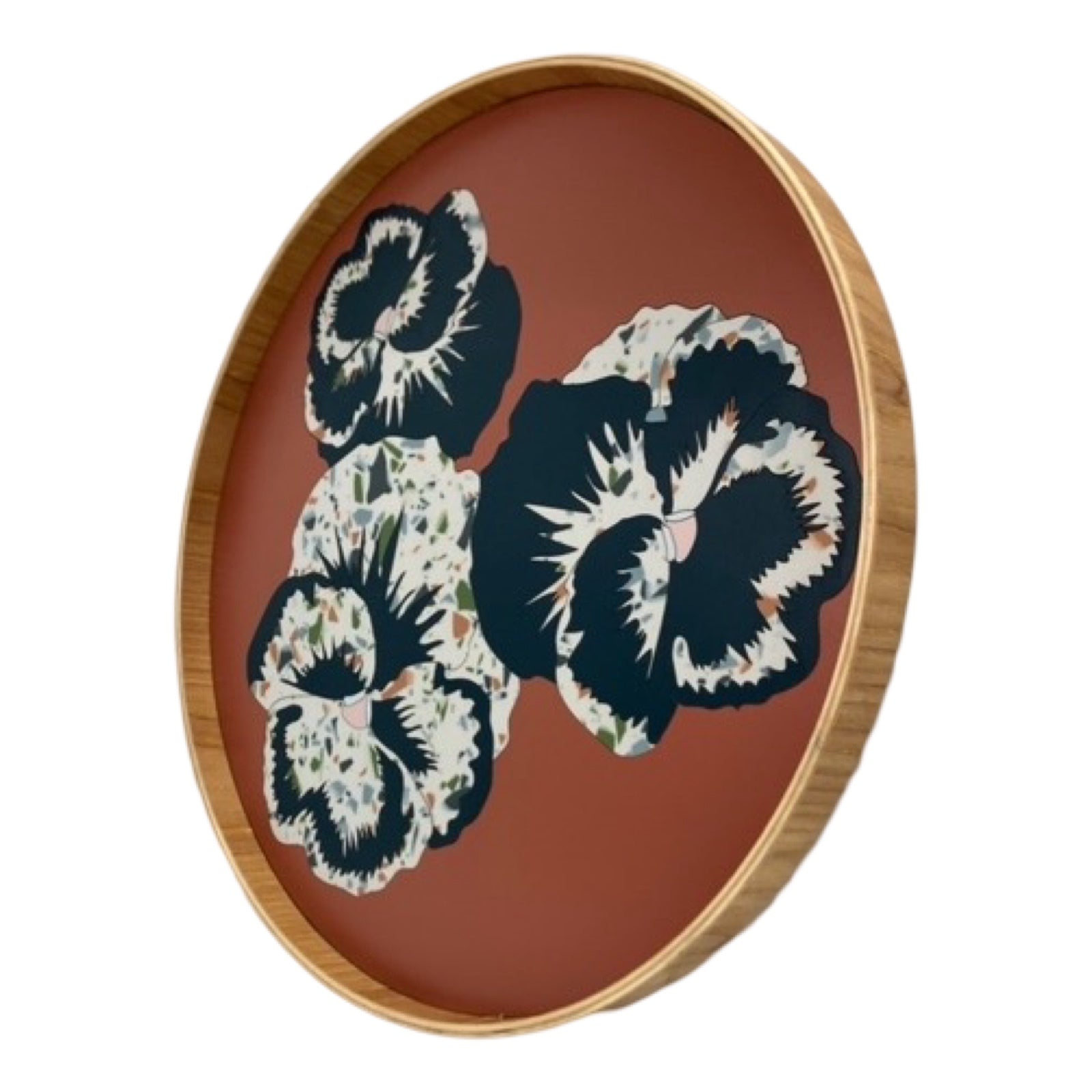Handmade serving trays are made from bamboo with a colourful pansy flower design.