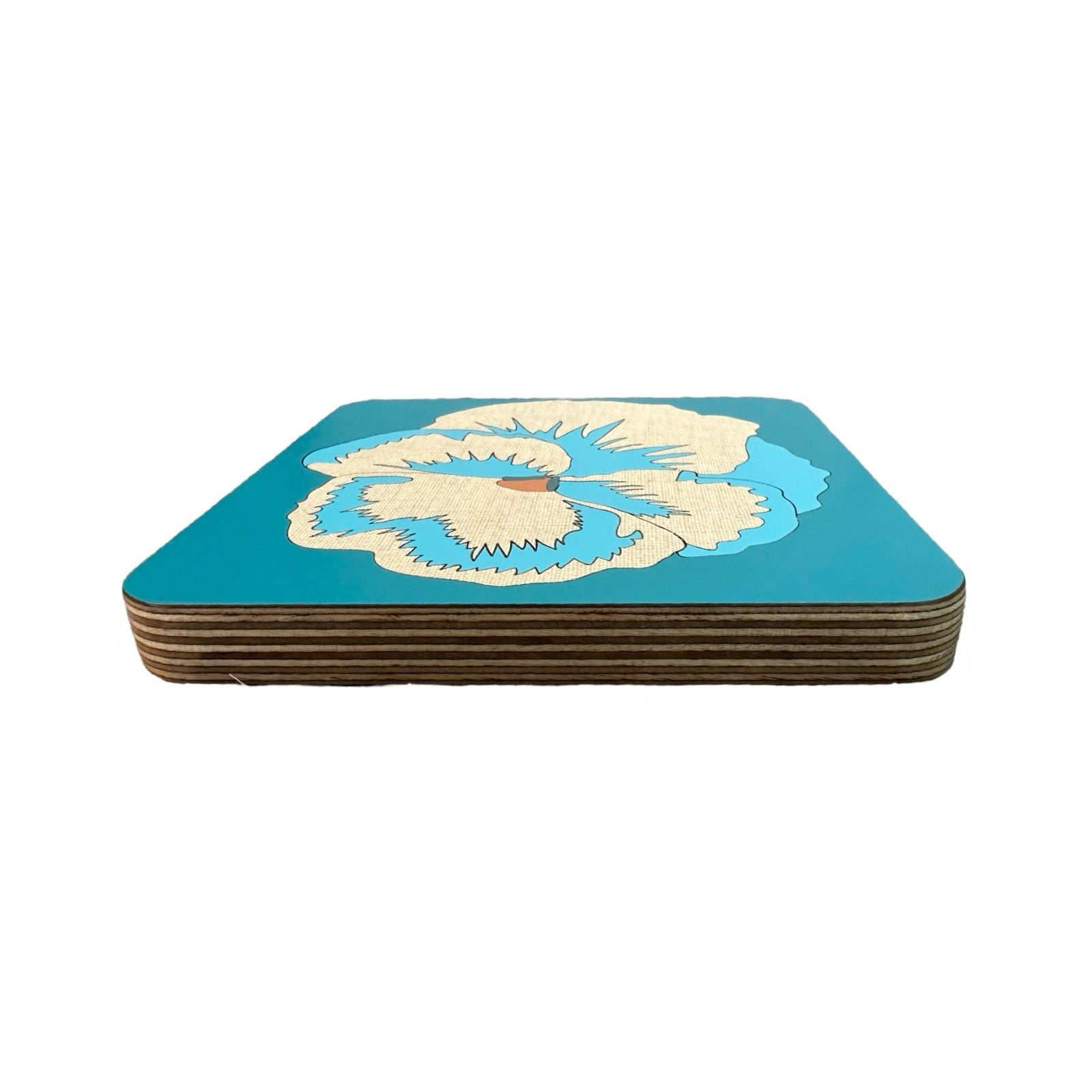 Handmade trivets are made from birch plywood with a colourful pansy flower design.