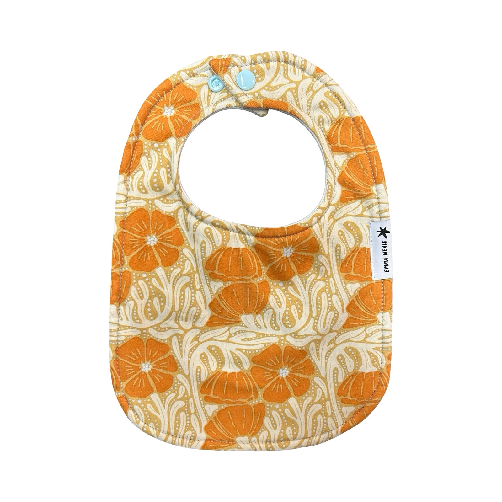 Baby bib with orange flower pattern on a white background.
