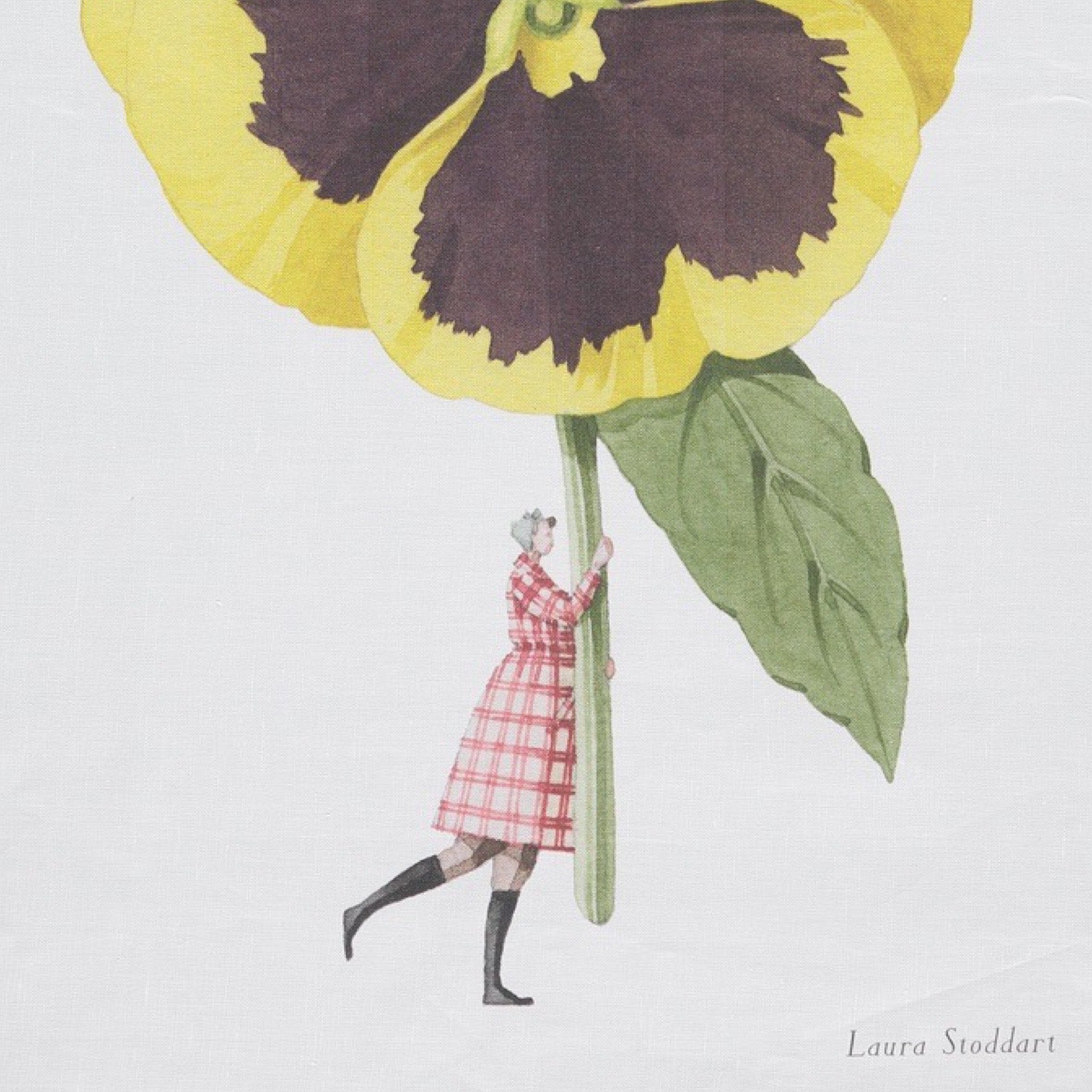 Illustration of a person holding a large yellow flower with a purple center on a light gray background.