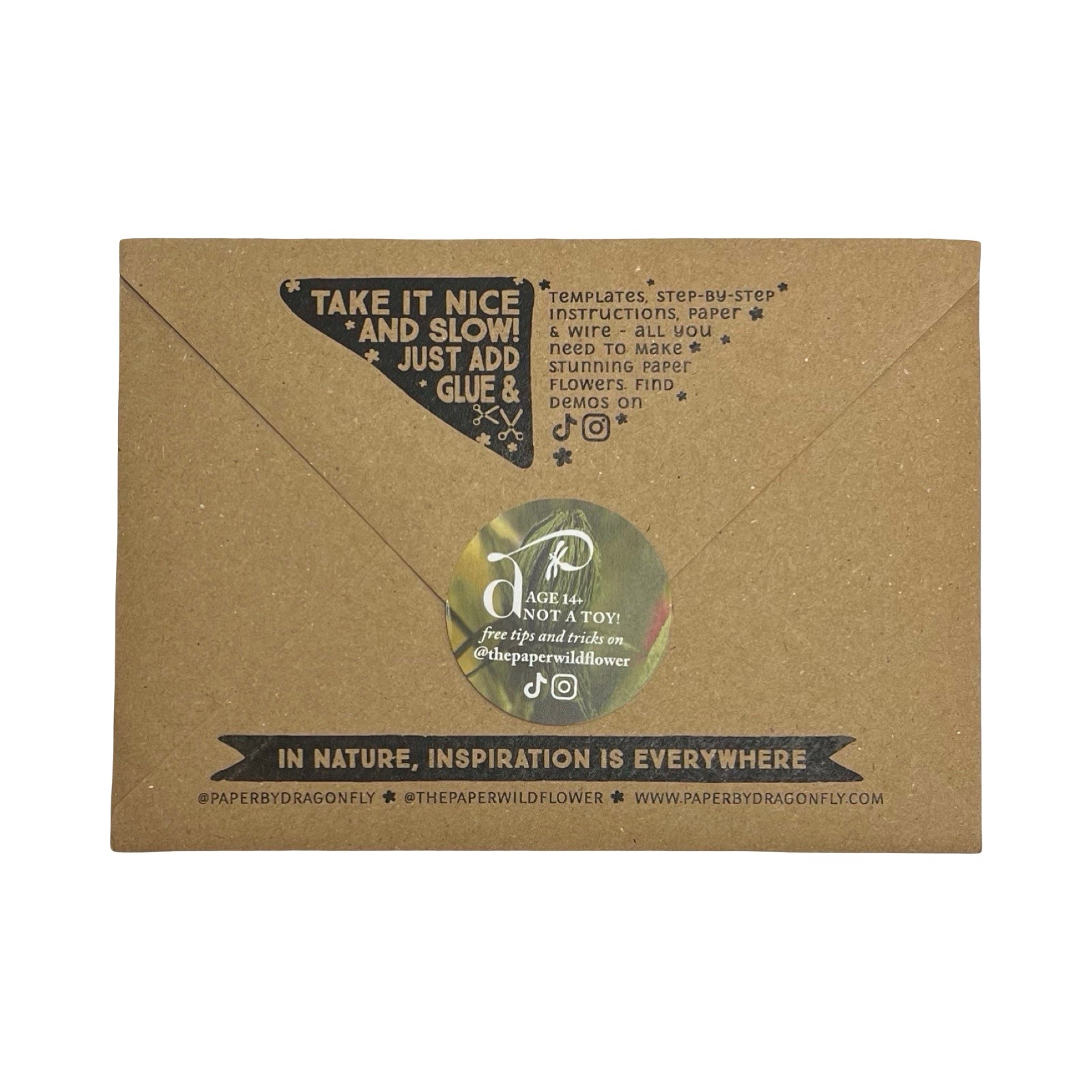 Kraft paper envelope with branding and text on a white background.