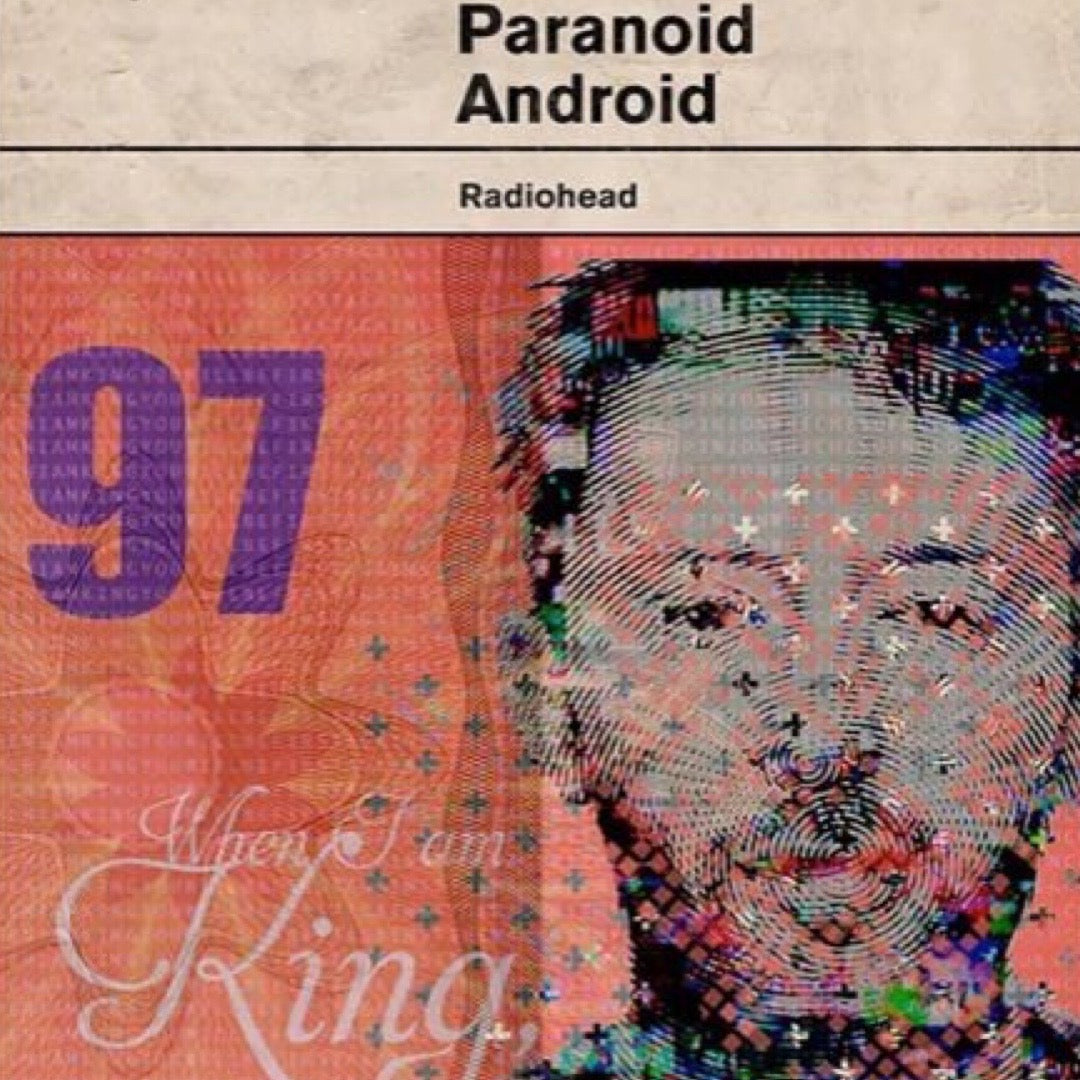 Album cover for 'Paranoid Android' by Radiohead with a stylized face and number '97'.