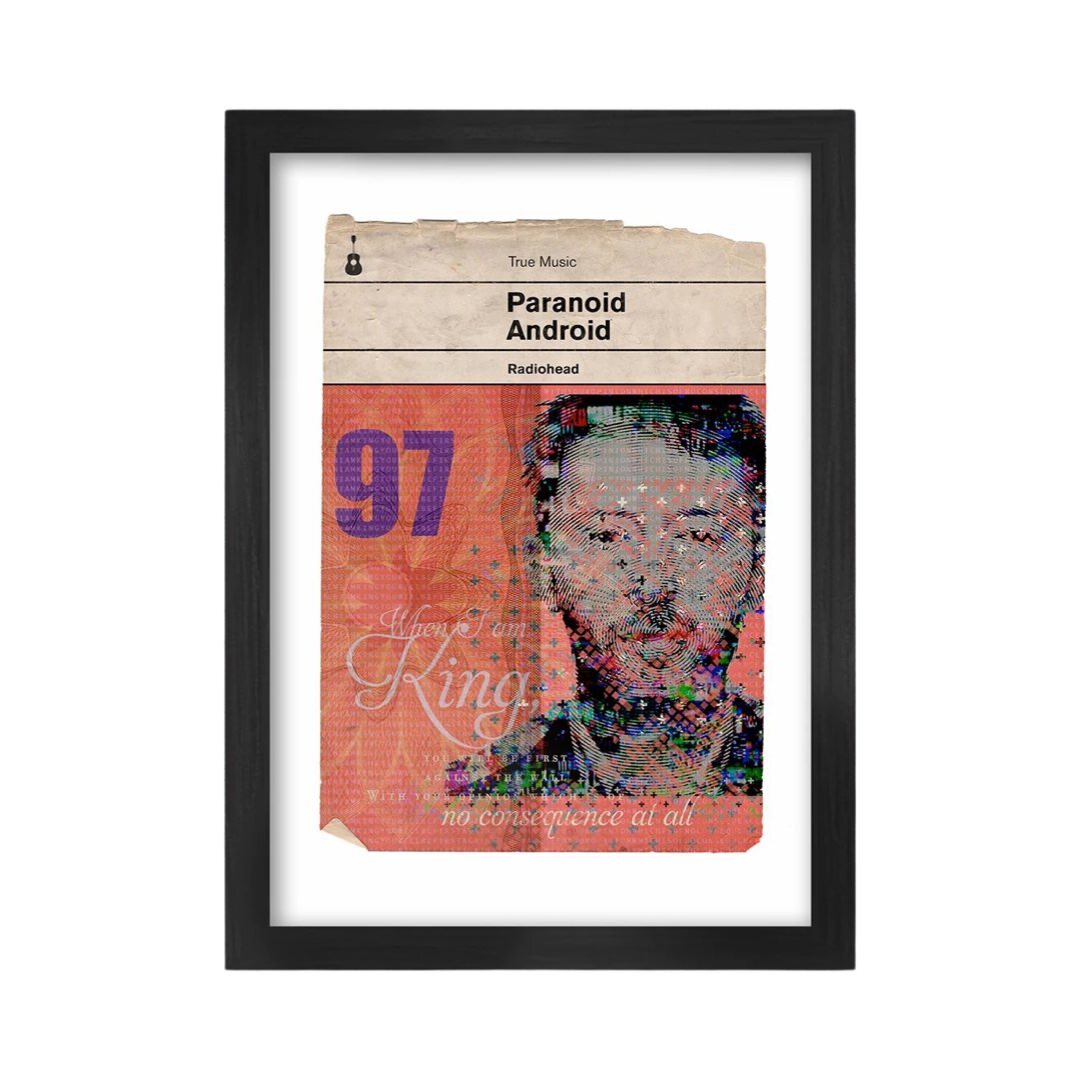 This print features a book cover design of an illustration of Thom Yorke from Radiohead with a red background and the book title Paranoid Android.