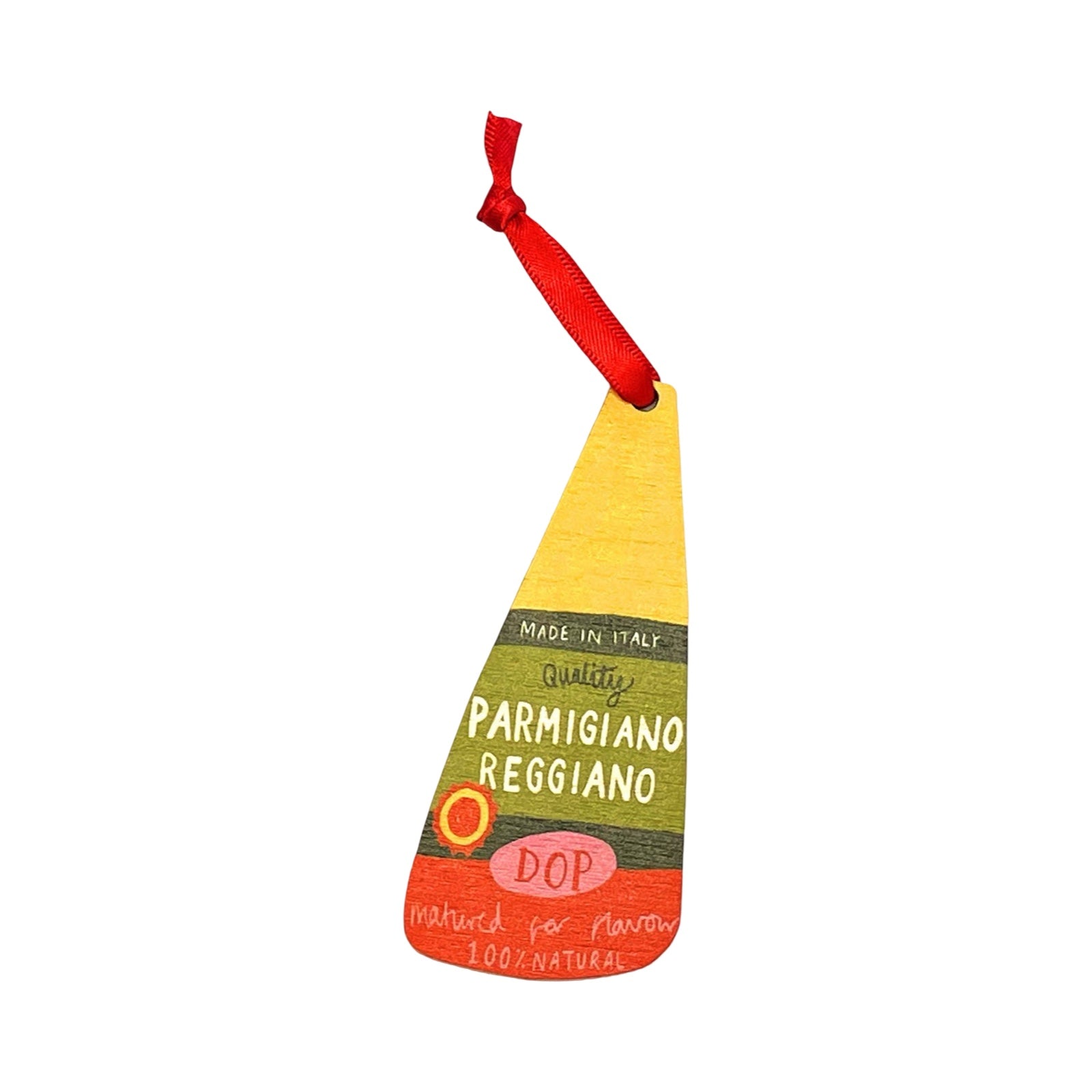 A wooden Christmas decoration of a block of Parmesan cheese.