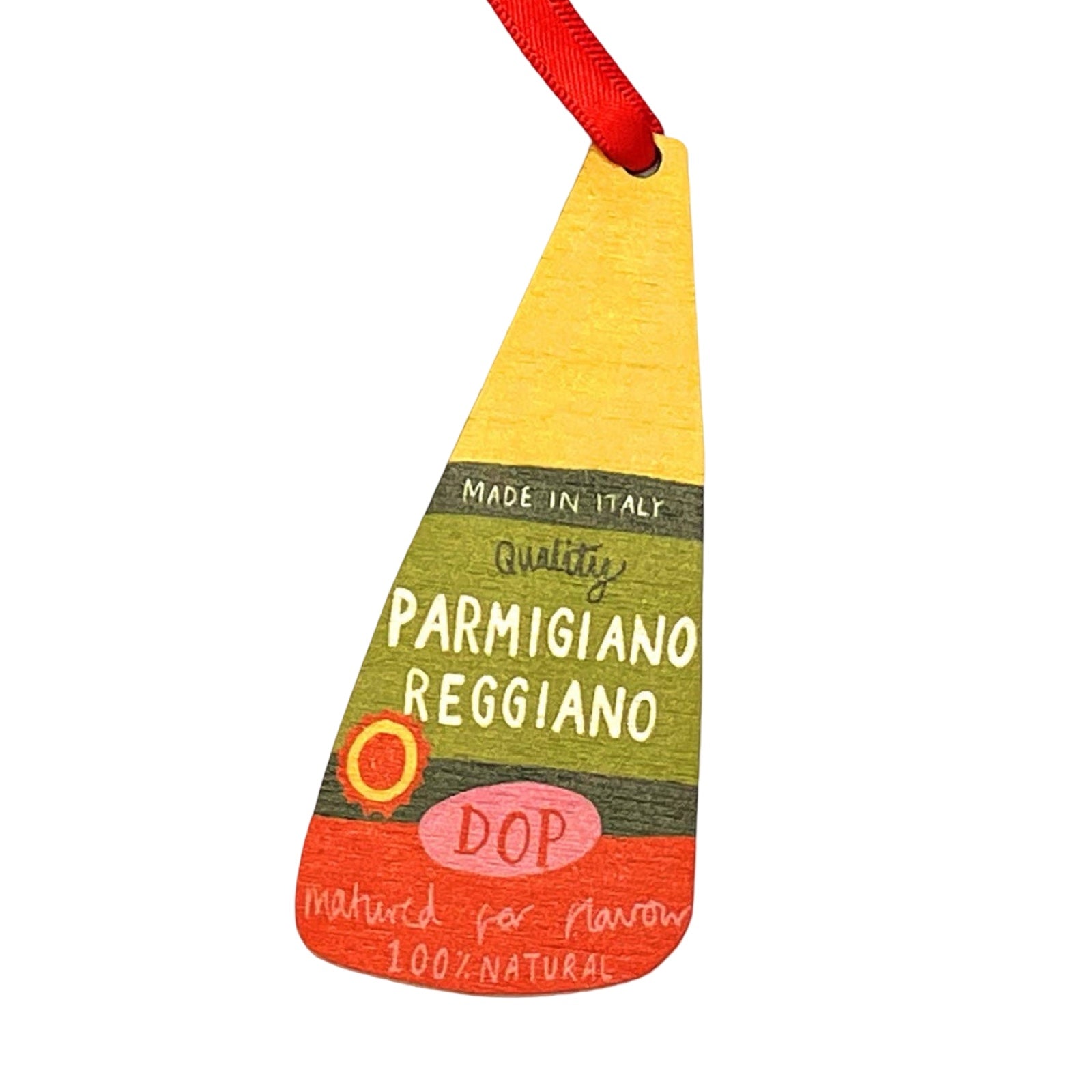 A wooden Christmas decoration of a block of Parmesan cheese.