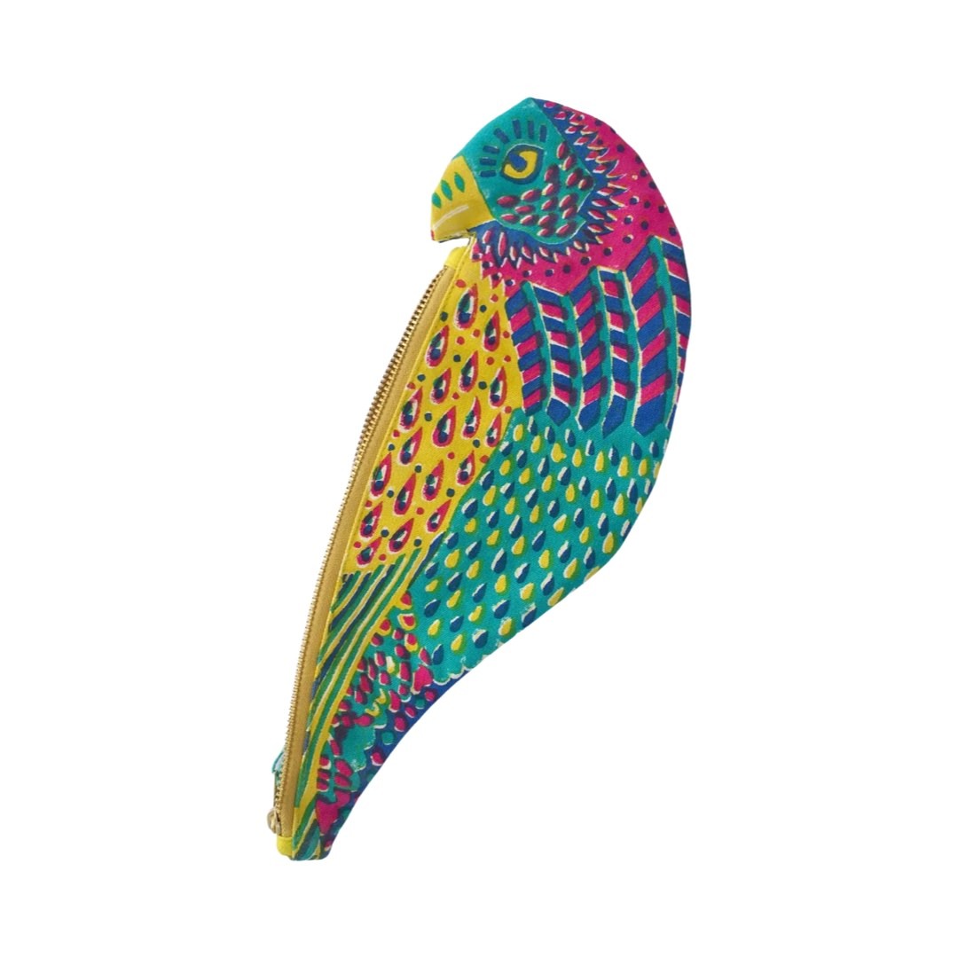 Parrot shaped fabric zipper pouch in a pink, green, blue and yellow pattern