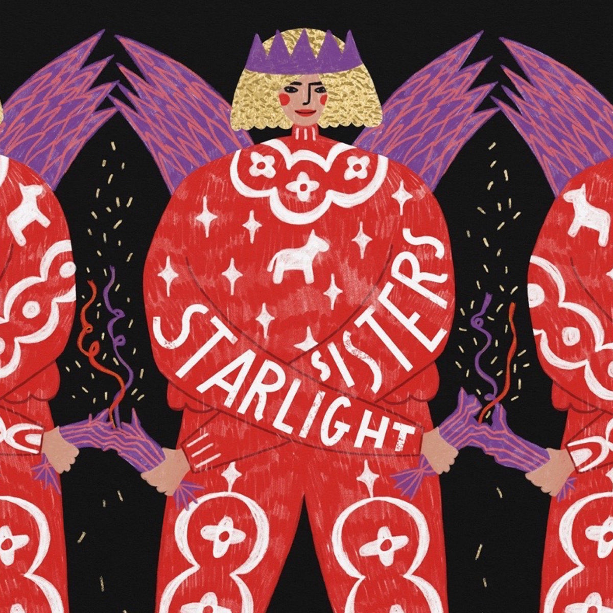 Close up of card featuring stylised figures in red outfits with white patterns and purple wings against a black background.