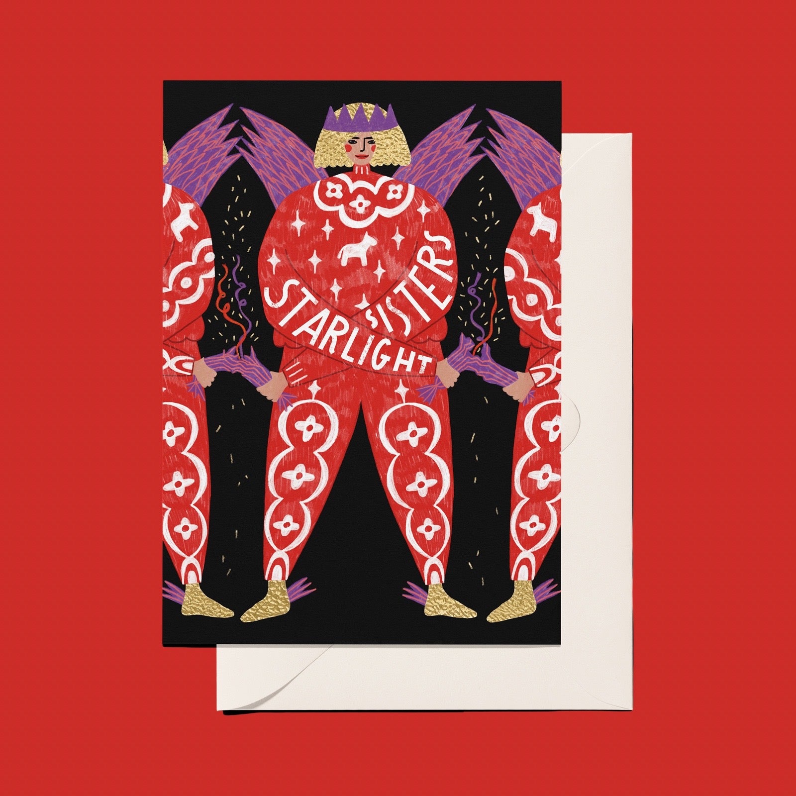 An art print or card featuring a stylised red figure with wings and the words 'STARLIGHT' on a black background, shown with an off-white envelope behind it against a solid red backdrop.