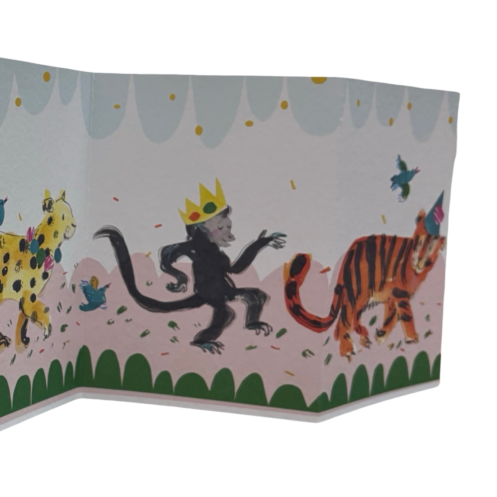 A fabulous concertina card that opens out into a parade of partying animals that includes an elephant, a leopard, a monkey and a tiger. 