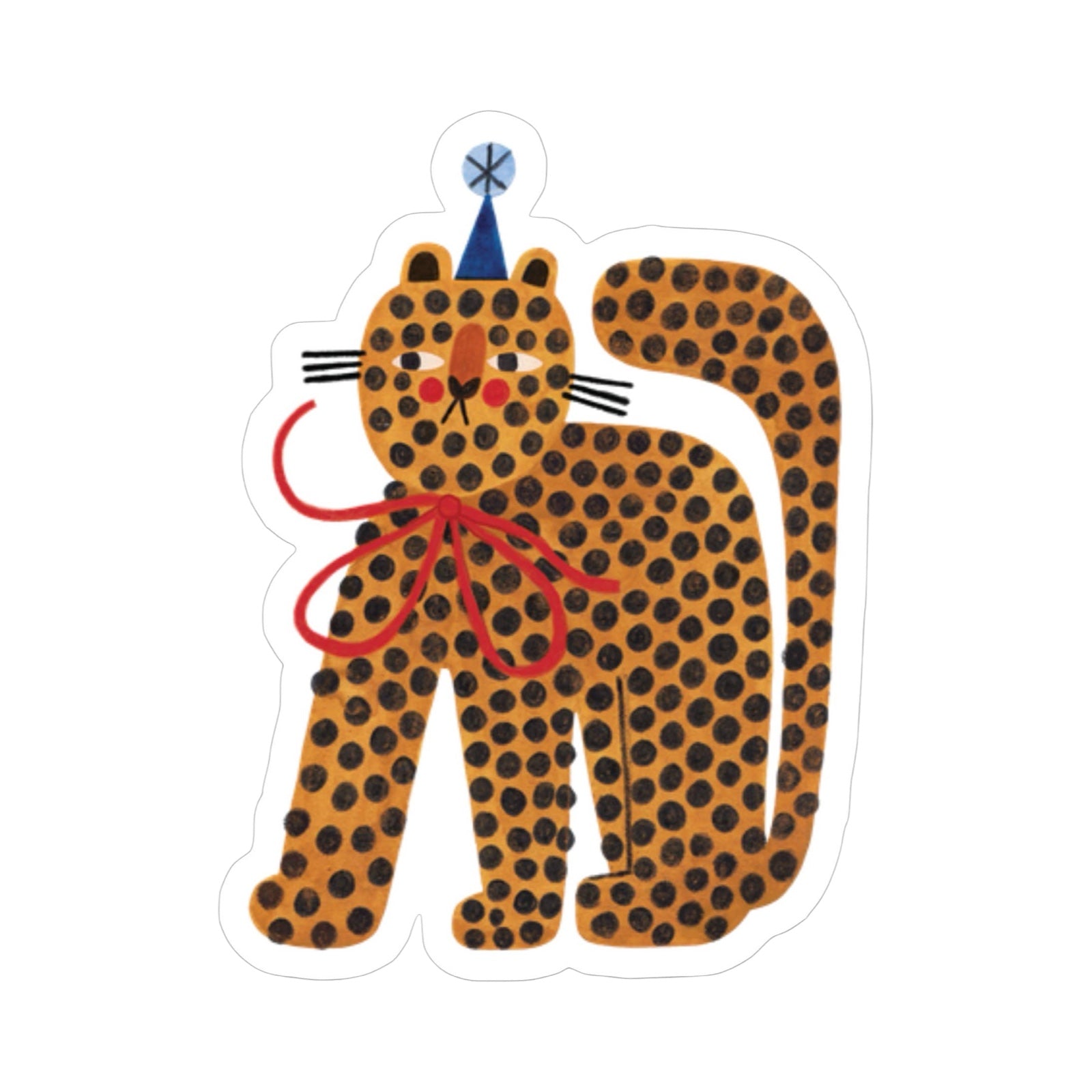 Vinyl sticker of a spotty tiger wearing a big red bow and a blue party hat.